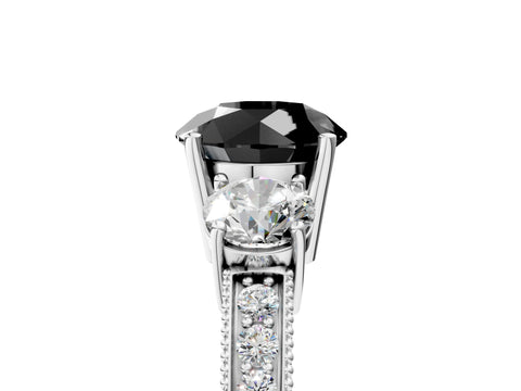 White gold Fancy Black Round Cut Three-Stone Diamond Ring with Pavé Band and Four-Prong Setting_17