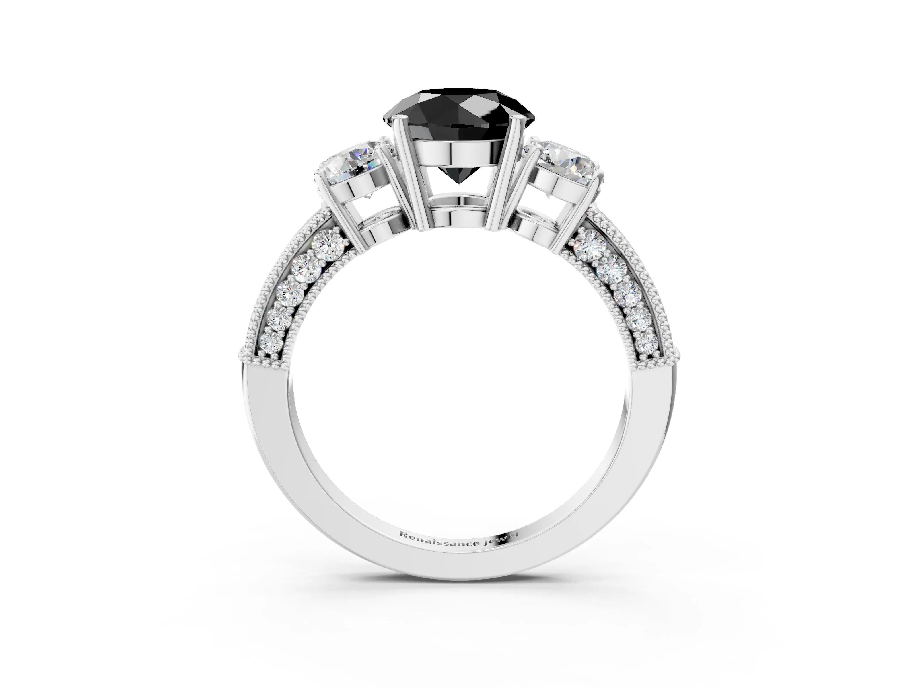 White gold Fancy Black Round Cut Three-Stone Diamond Ring with Pavé Band and Four-Prong Setting_3