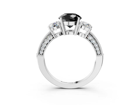 White gold Fancy Black Round Cut Three-Stone Diamond Ring with Pavé Band and Four-Prong Setting_3