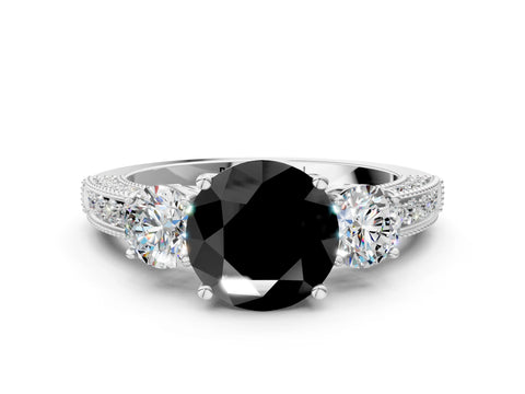 White gold Fancy Black Round Cut Three-Stone Diamond Ring with Pavé Band and Four-Prong Setting