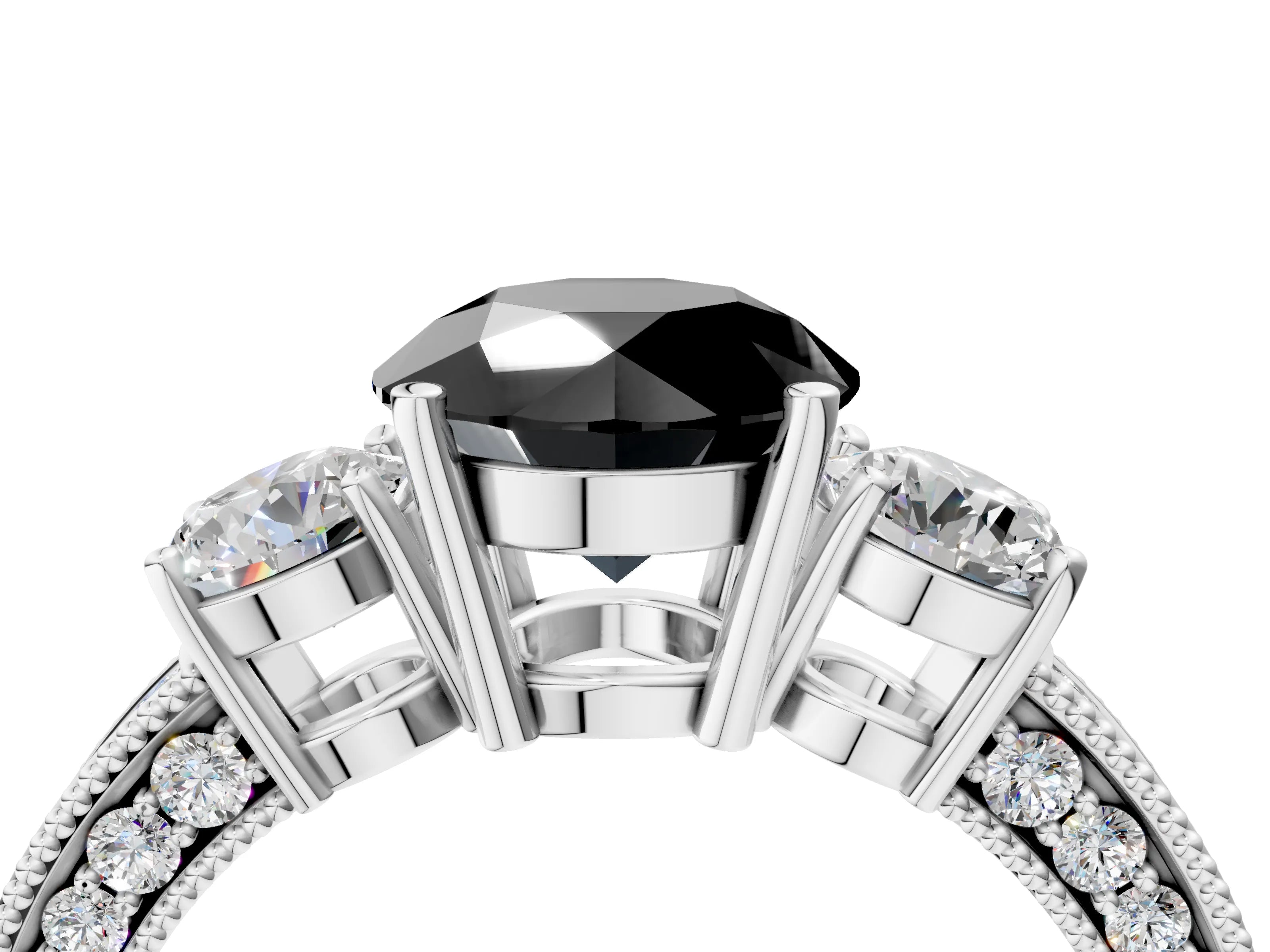 White gold Fancy Black Round Cut Three-Stone Diamond Ring with Pavé Band and Four-Prong Setting_4