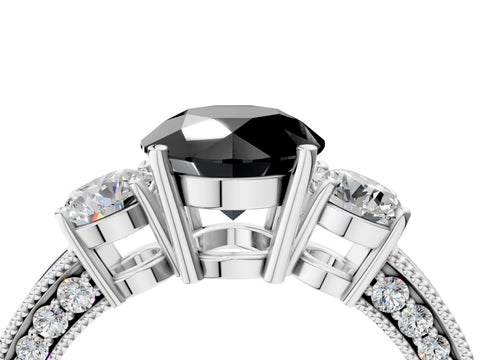 White gold Fancy Black Round Cut Three-Stone Diamond Ring with Pavé Band and Four-Prong Setting_4