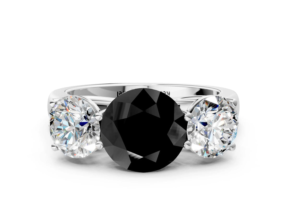 White gold Fancy Black Round Cut Three-Stone Diamond Ring with Prong Setting on a Classic Band_12