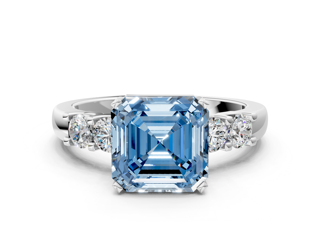 White gold Fancy Blue Asscher  Brilliant Cut Diamond Five-Stone Prong Set Engagement Ring with Channel Band_17