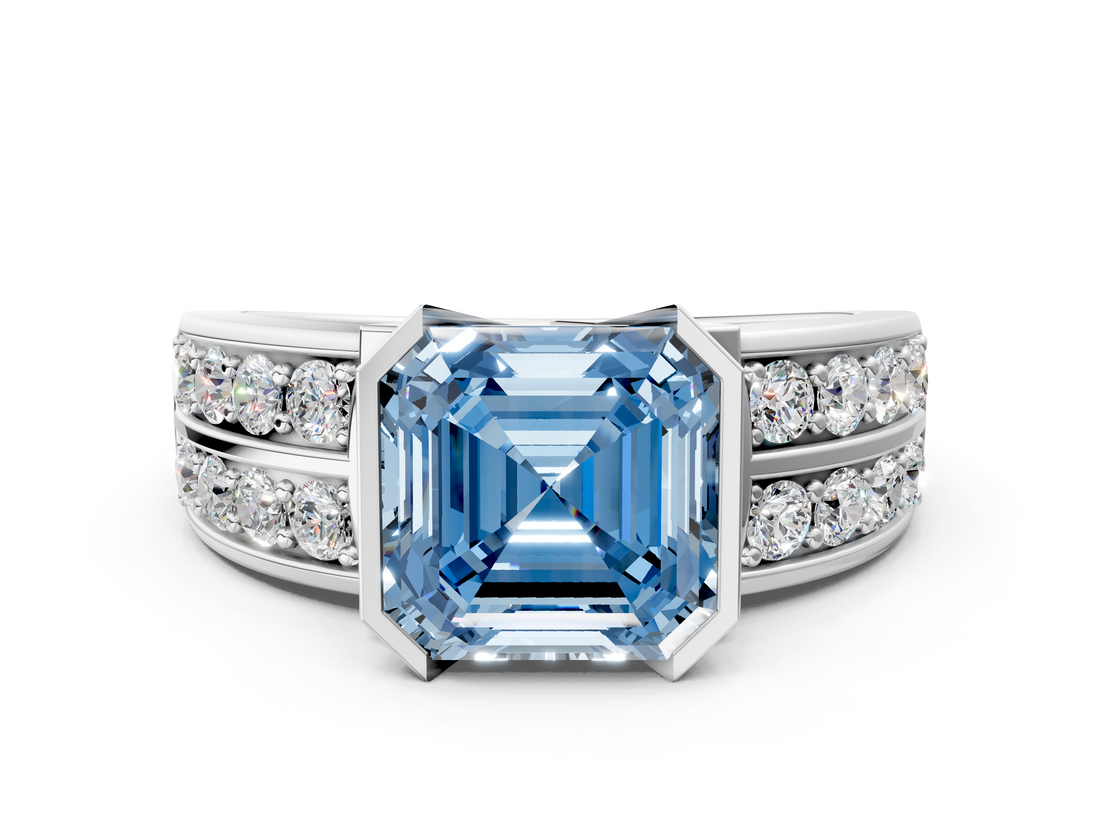 White gold Fancy Blue Asscher  Brilliant Diamond Channel Set Wide Band Ring with Bezel Setting