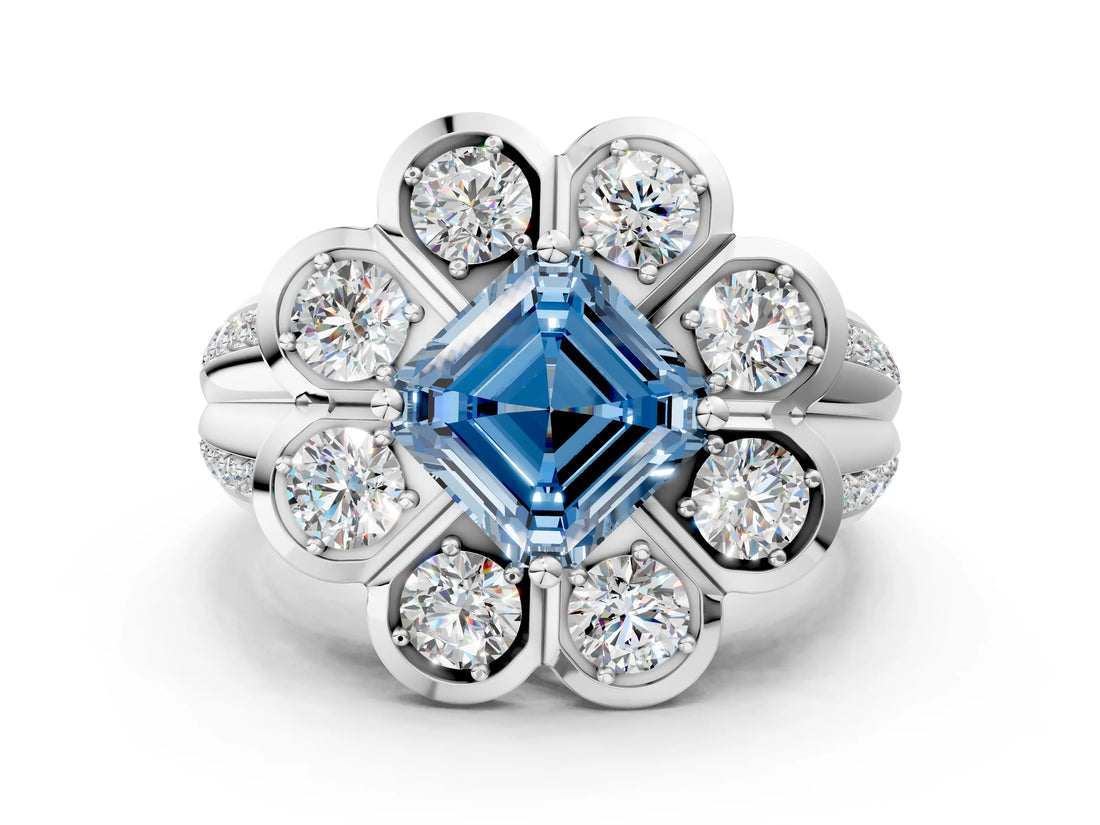 White gold Fancy Blue Asscher  Brilliant Flower Halo Diamond Split Shank Ring_51
