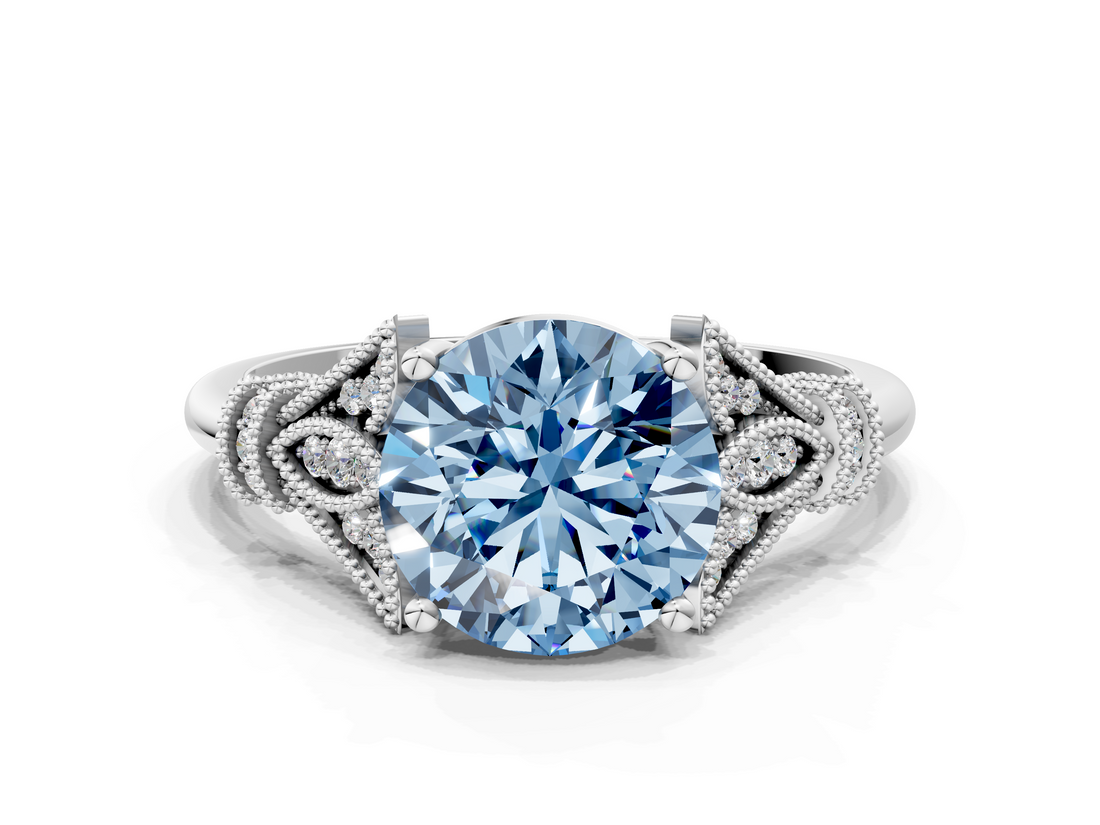 White gold Fancy Blue Asscher  Brilliant Solitaire with Pave Band and Four-Prong Setting