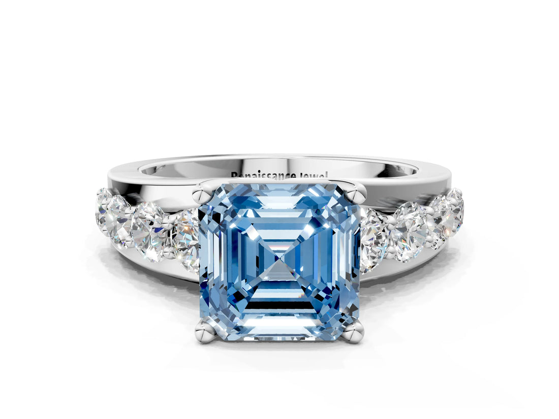 White gold Fancy Blue Asscher  Brilliant Solitaire with Side Stones on a Pave Band and Four-Prong Setting_53