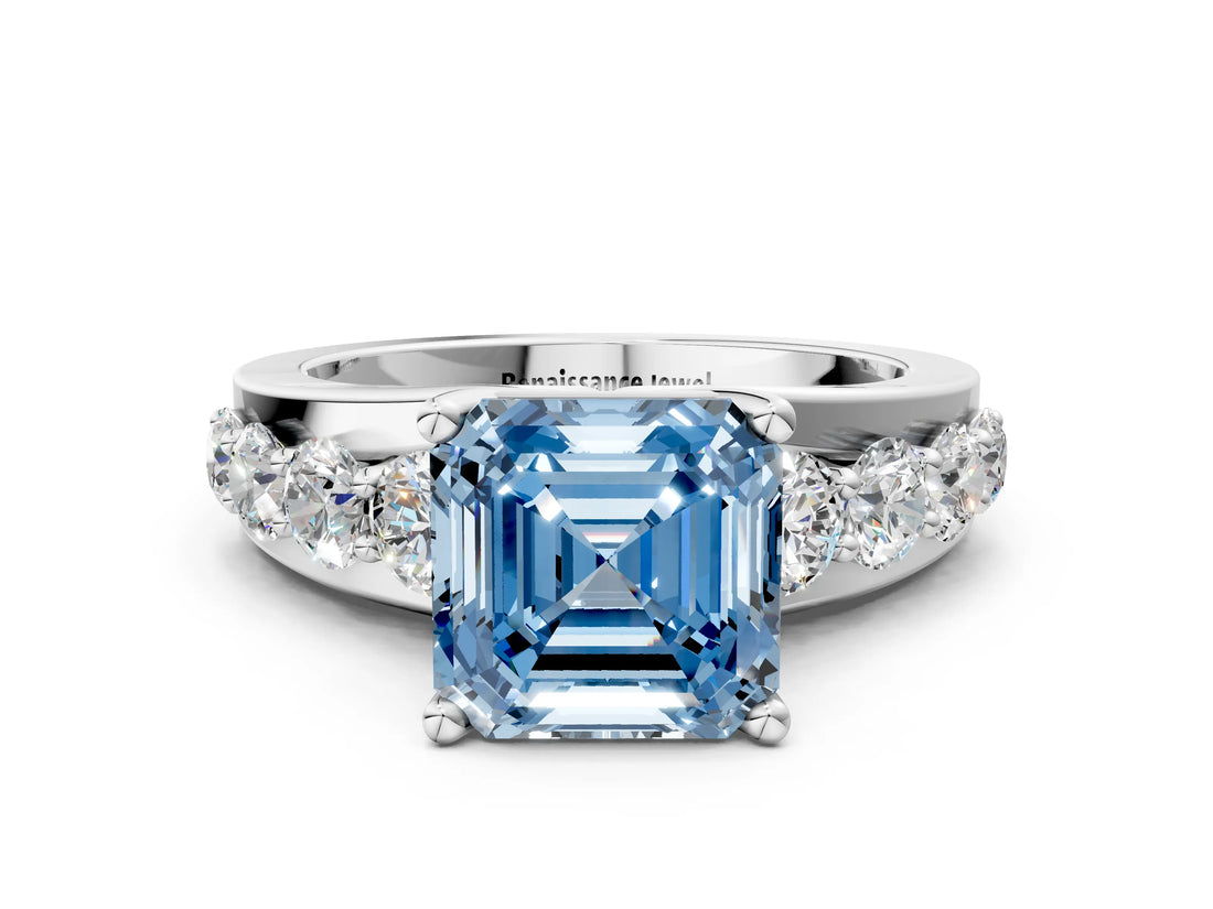 White gold Fancy Blue Asscher  Brilliant Solitaire with Side Stones on a Pave Band and Four-Prong Setting_60