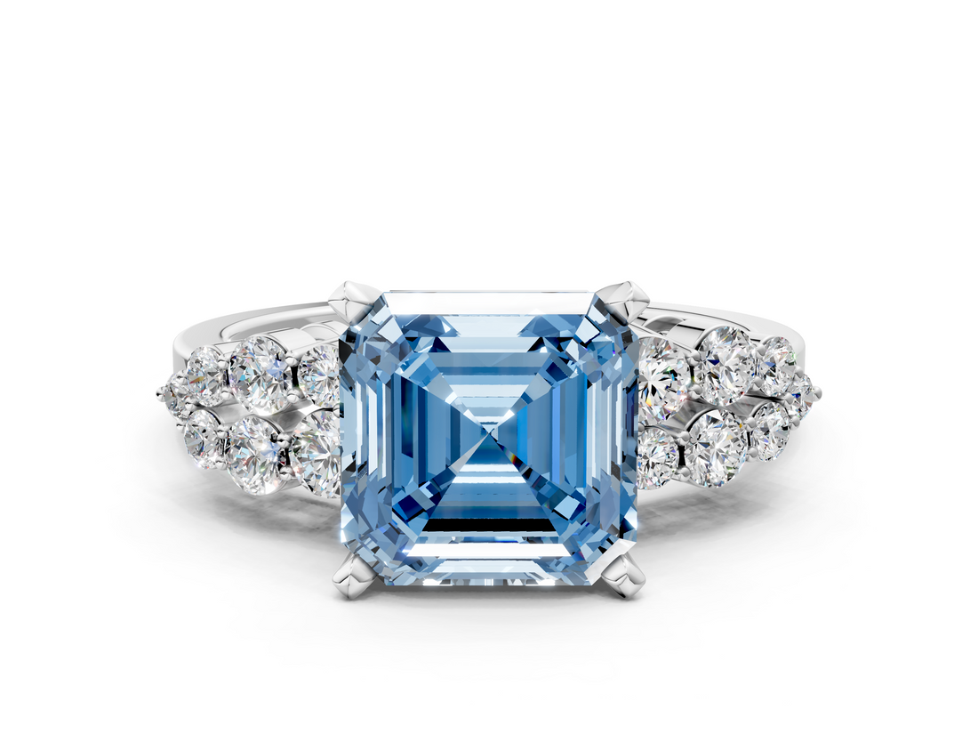 White gold Fancy Blue Asscher  Cluster Diamond Engagement Ring with Pavé Band and Four-Prong Setting_17