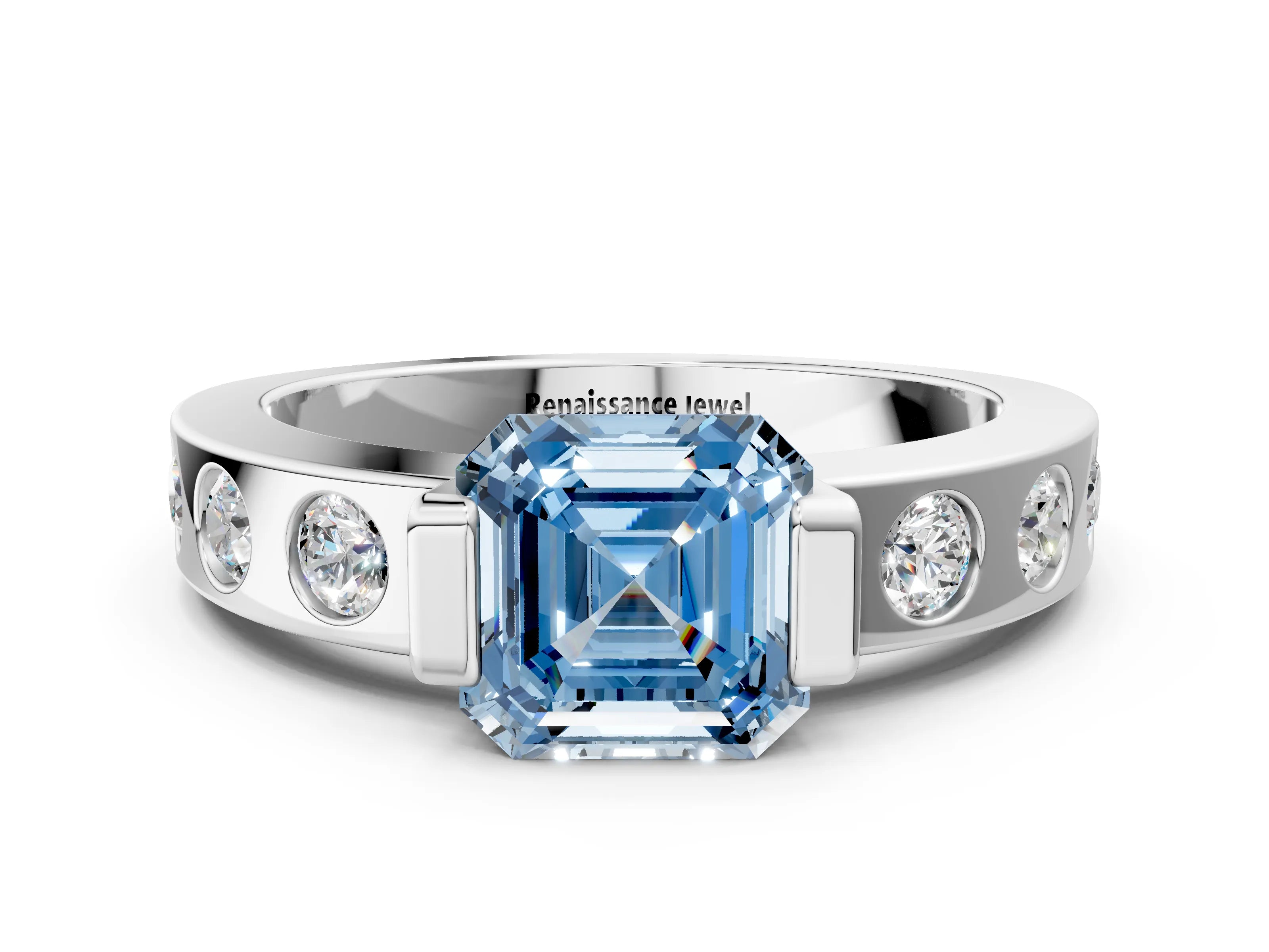 White gold Fancy Blue Asscher Cut Brilliant Channel-Set Diamond Ring with Bezel Prong Setting_12