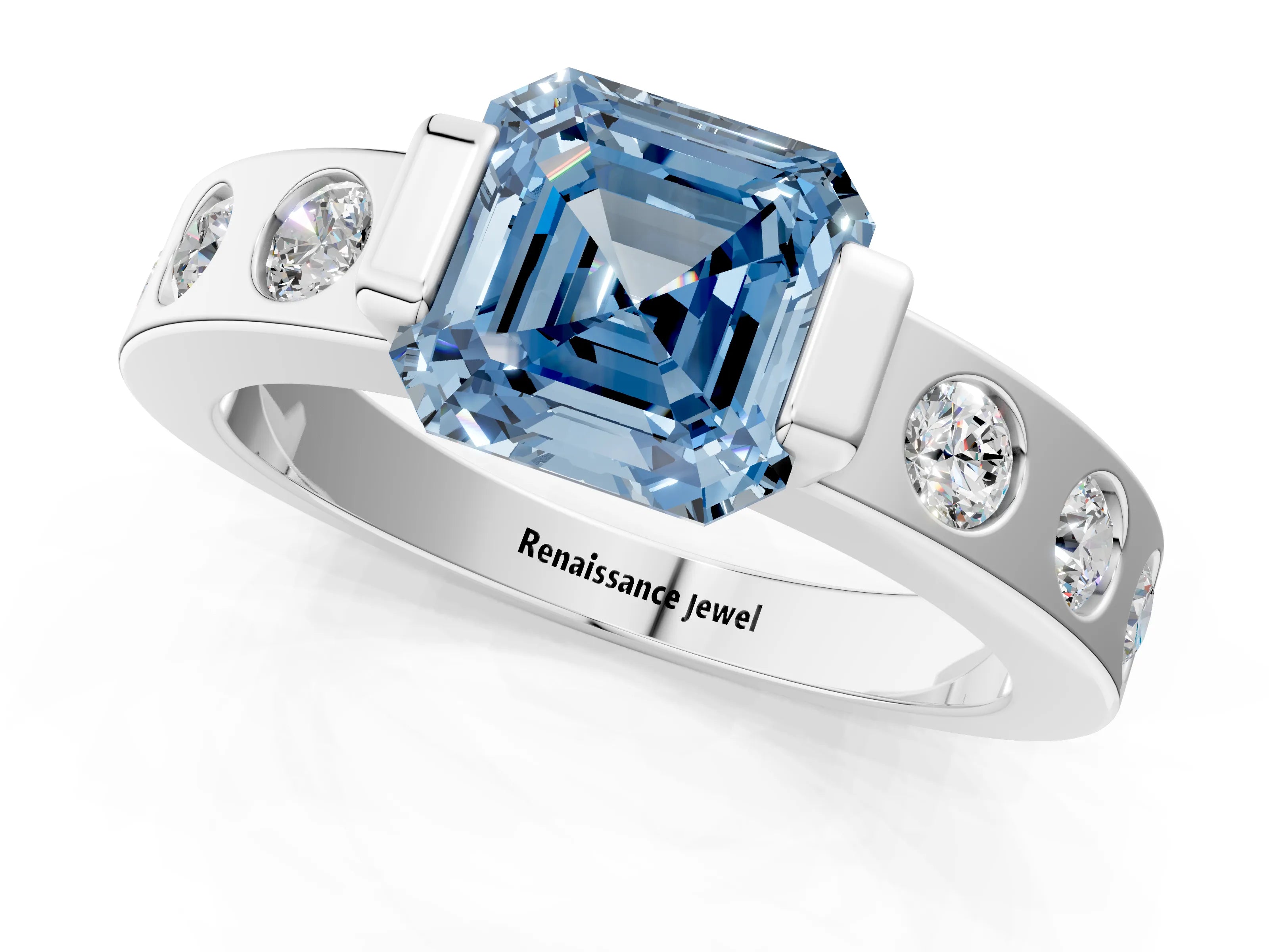 White gold Fancy Blue Asscher Cut Brilliant Channel-Set Diamond Ring with Bezel Prong Setting_13