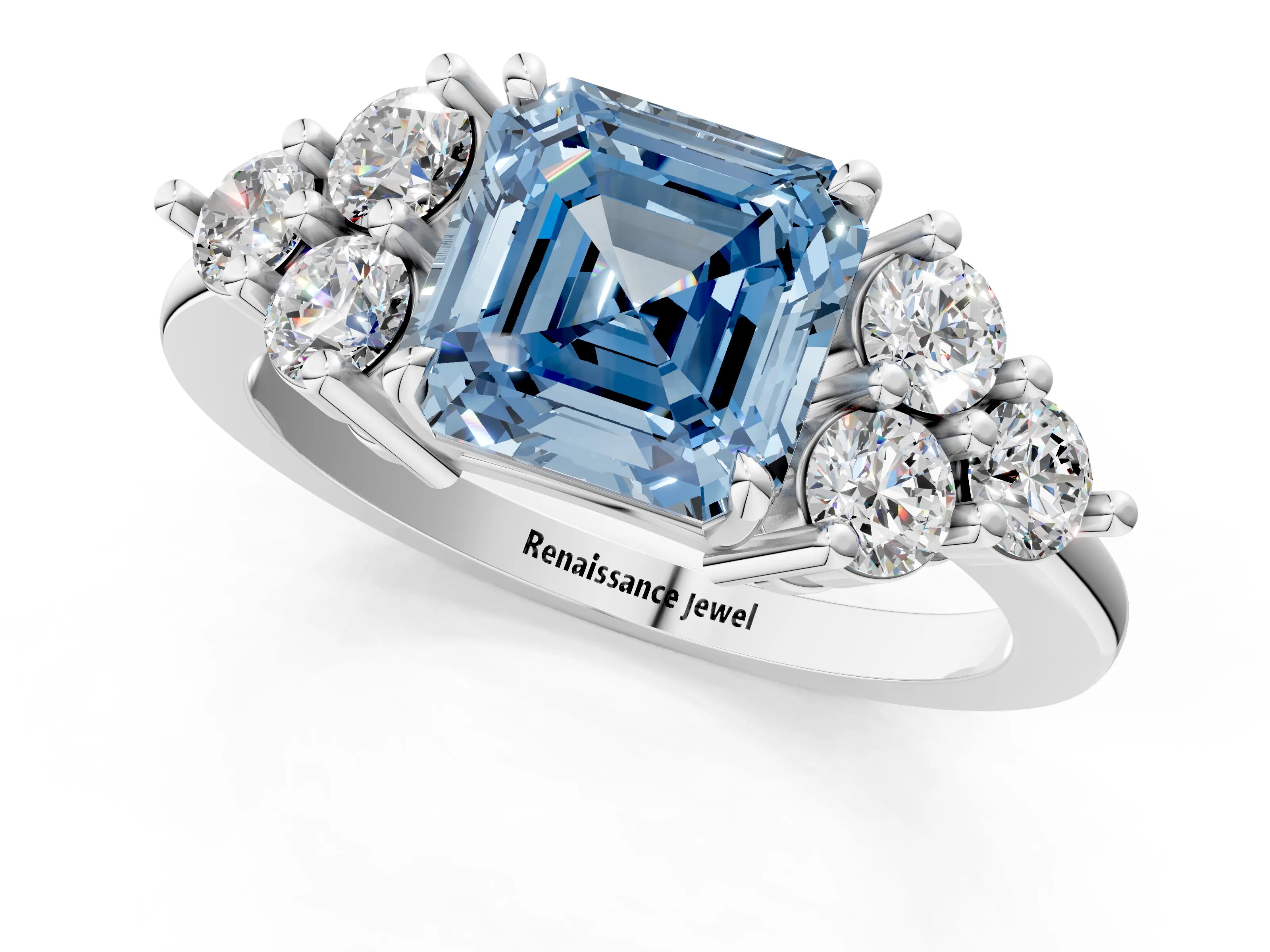 White gold Fancy Blue Asscher Cut Brilliant Diamond Cluster Accent Solitaire Ring with Prong Setting_1