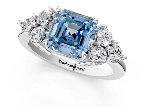 White gold Fancy Blue Asscher Cut Brilliant Diamond Cluster Accent Solitaire Ring with Prong Setting_1