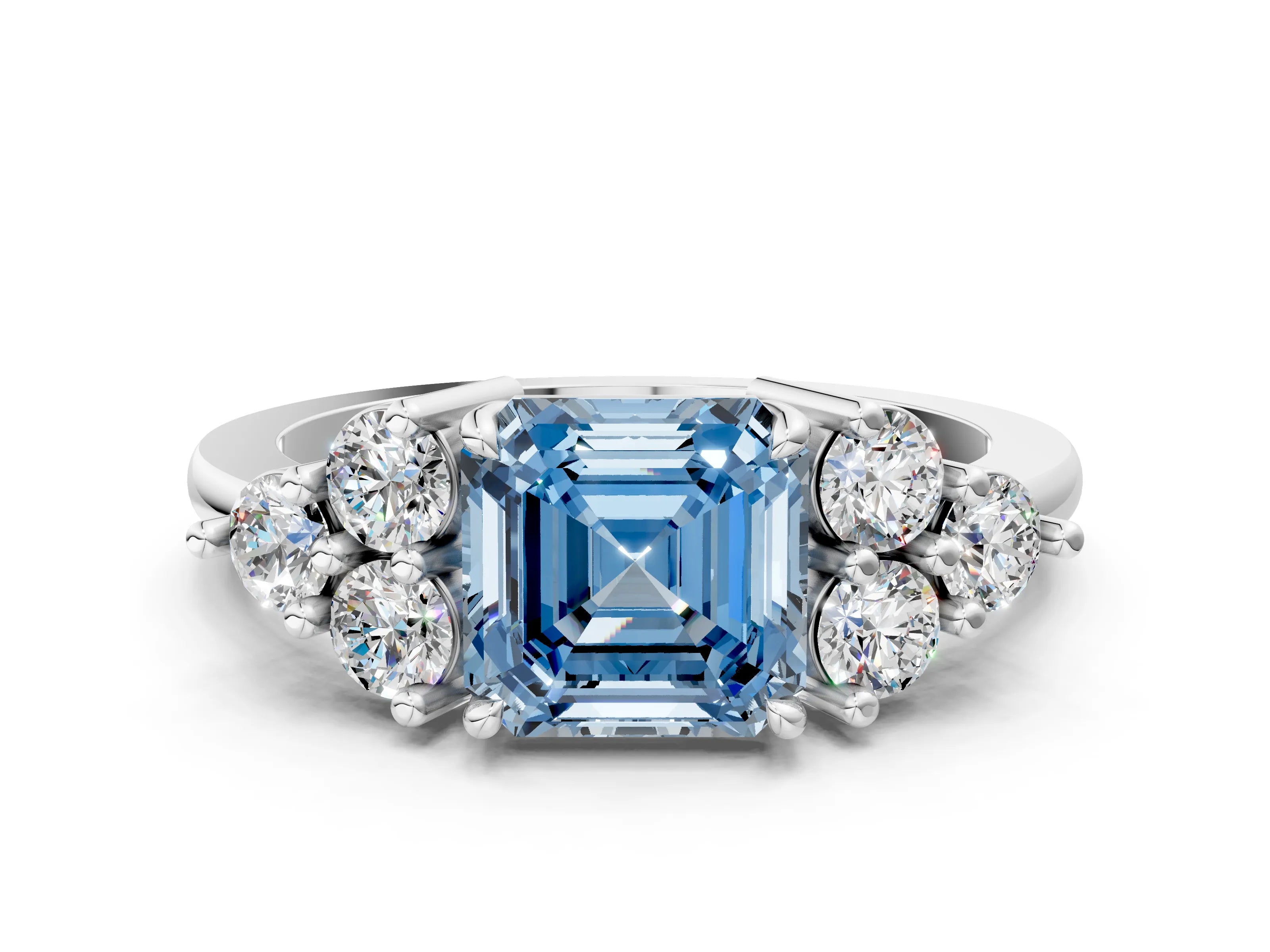White gold Fancy Blue Asscher Cut Brilliant Diamond Cluster Accent Solitaire Ring with Prong Setting_24