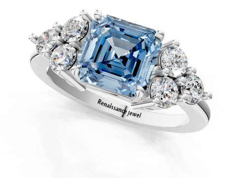 White gold Fancy Blue Asscher Cut Brilliant Diamond Cluster Accent Solitaire Ring with Prong Setting_25
