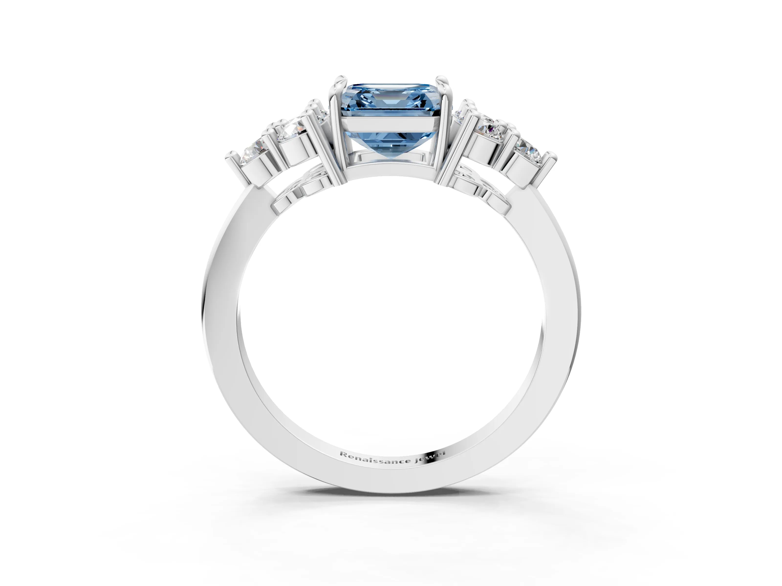 White gold Fancy Blue Asscher Cut Brilliant Diamond Cluster Accent Solitaire Ring with Prong Setting_27