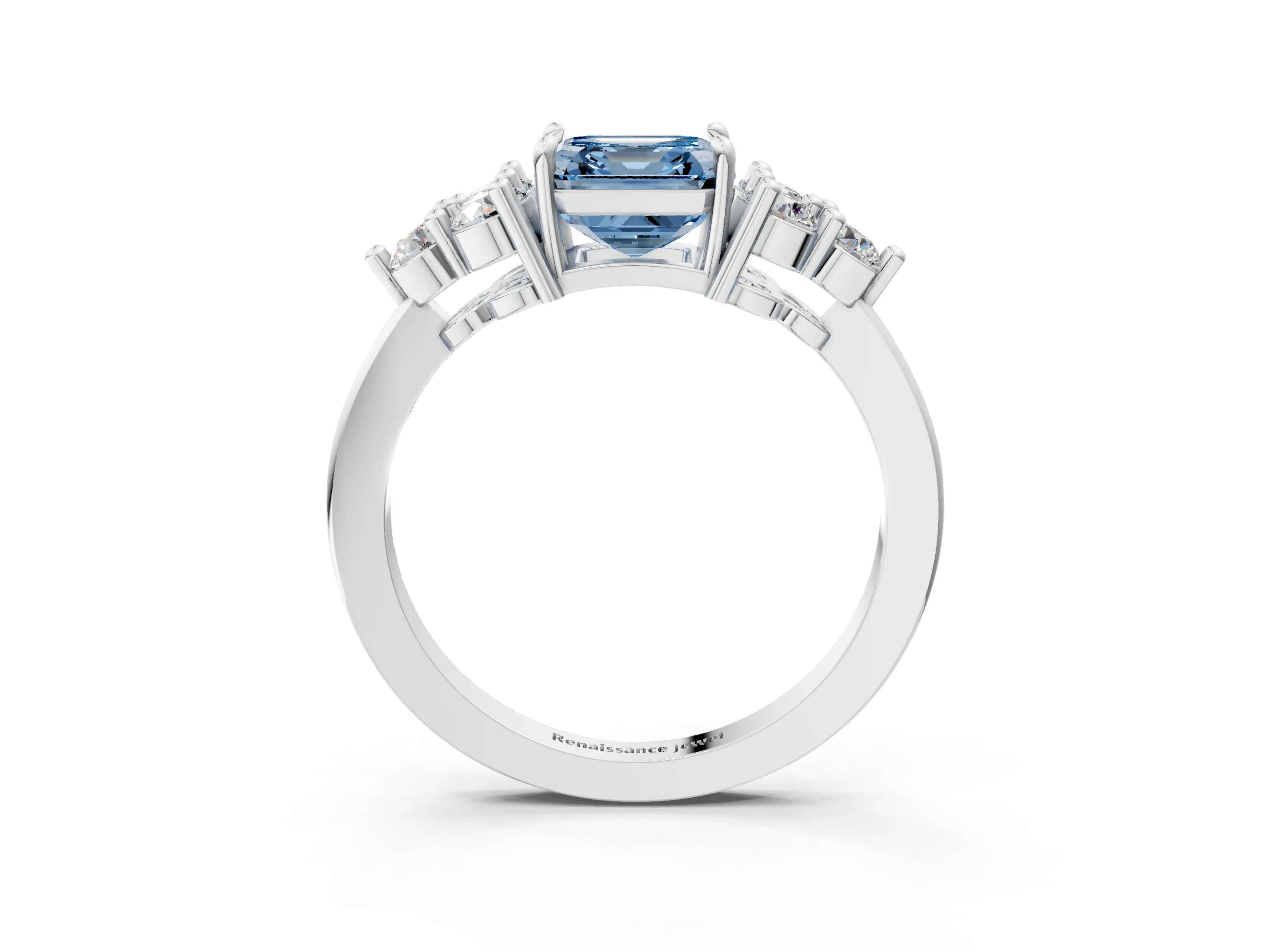 White gold Fancy Blue Asscher Cut Brilliant Diamond Cluster Accent Solitaire Ring with Prong Setting_3