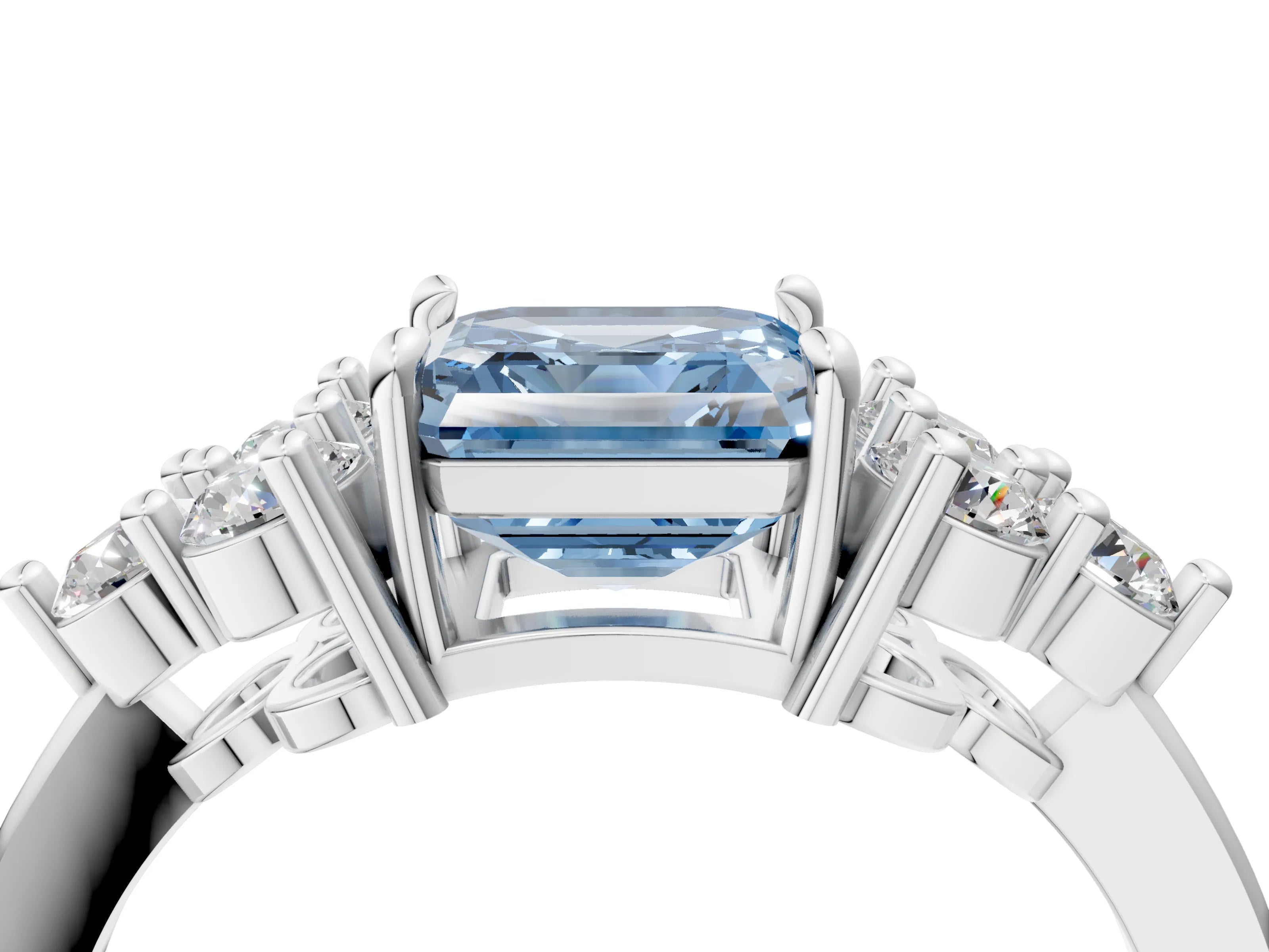 White gold Fancy Blue Asscher Cut Brilliant Diamond Cluster Accent Solitaire Ring with Prong Setting_4