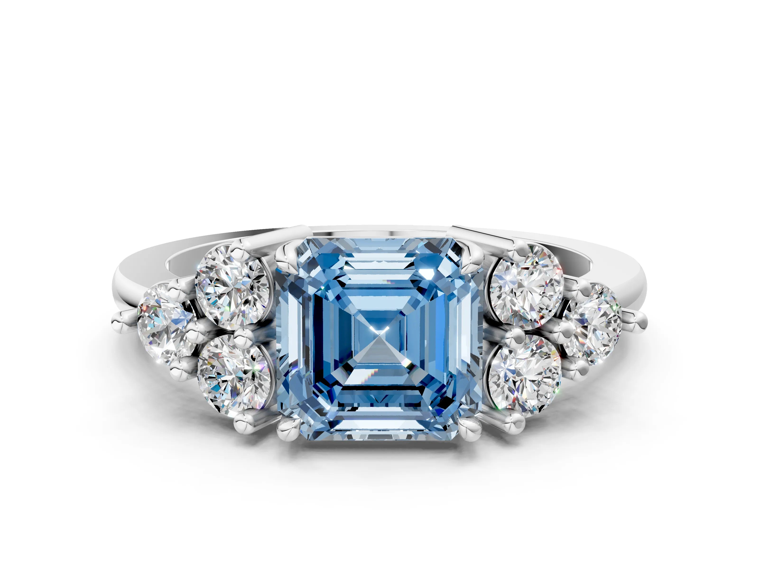White gold Fancy Blue Asscher Cut Brilliant Diamond Cluster Accent Solitaire Ring with Prong Setting