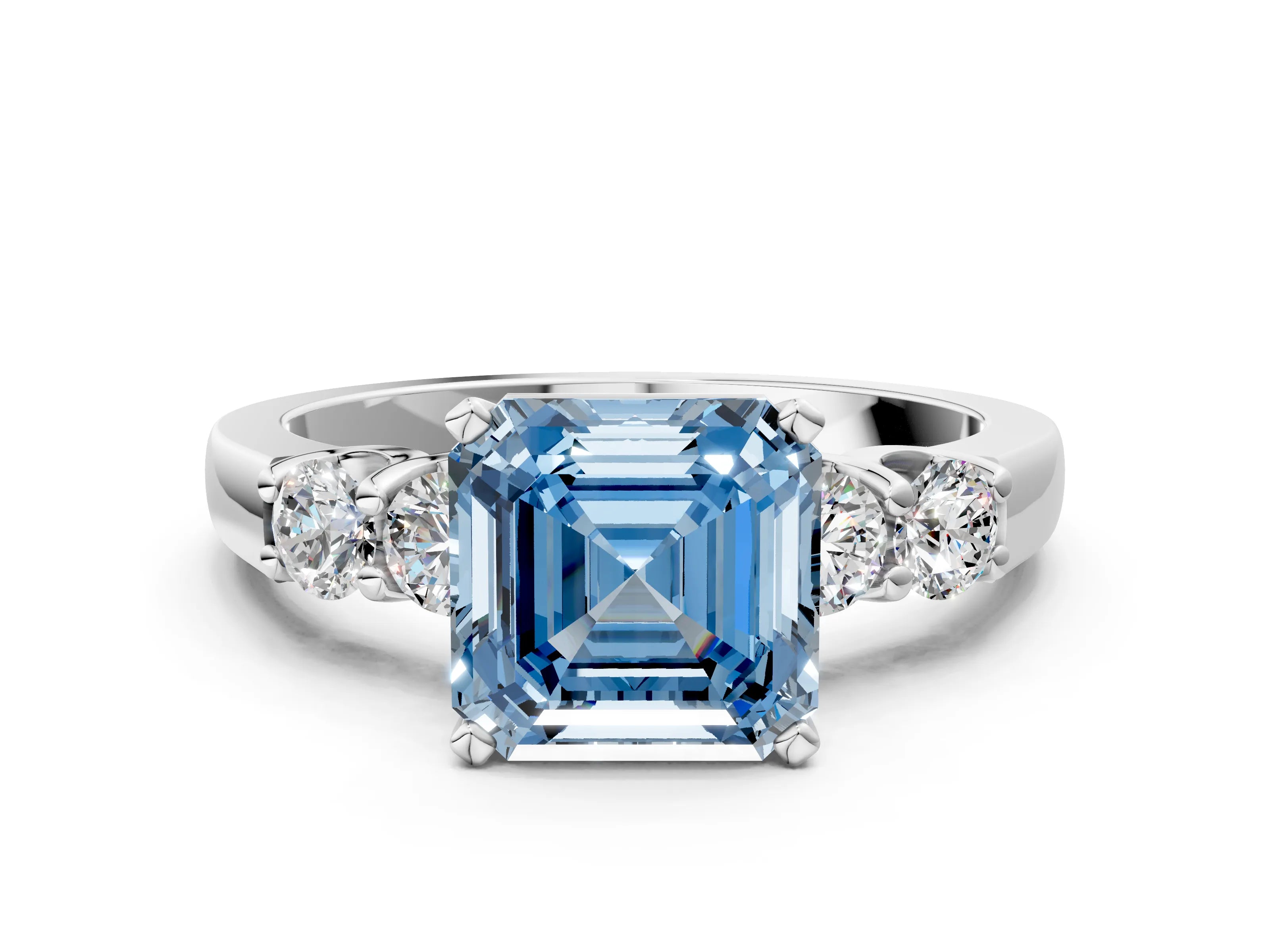 White gold Fancy Blue Asscher Cut Brilliant Diamond Five-Stone Engagement Ring with Prong Setting on a Classic Band_3