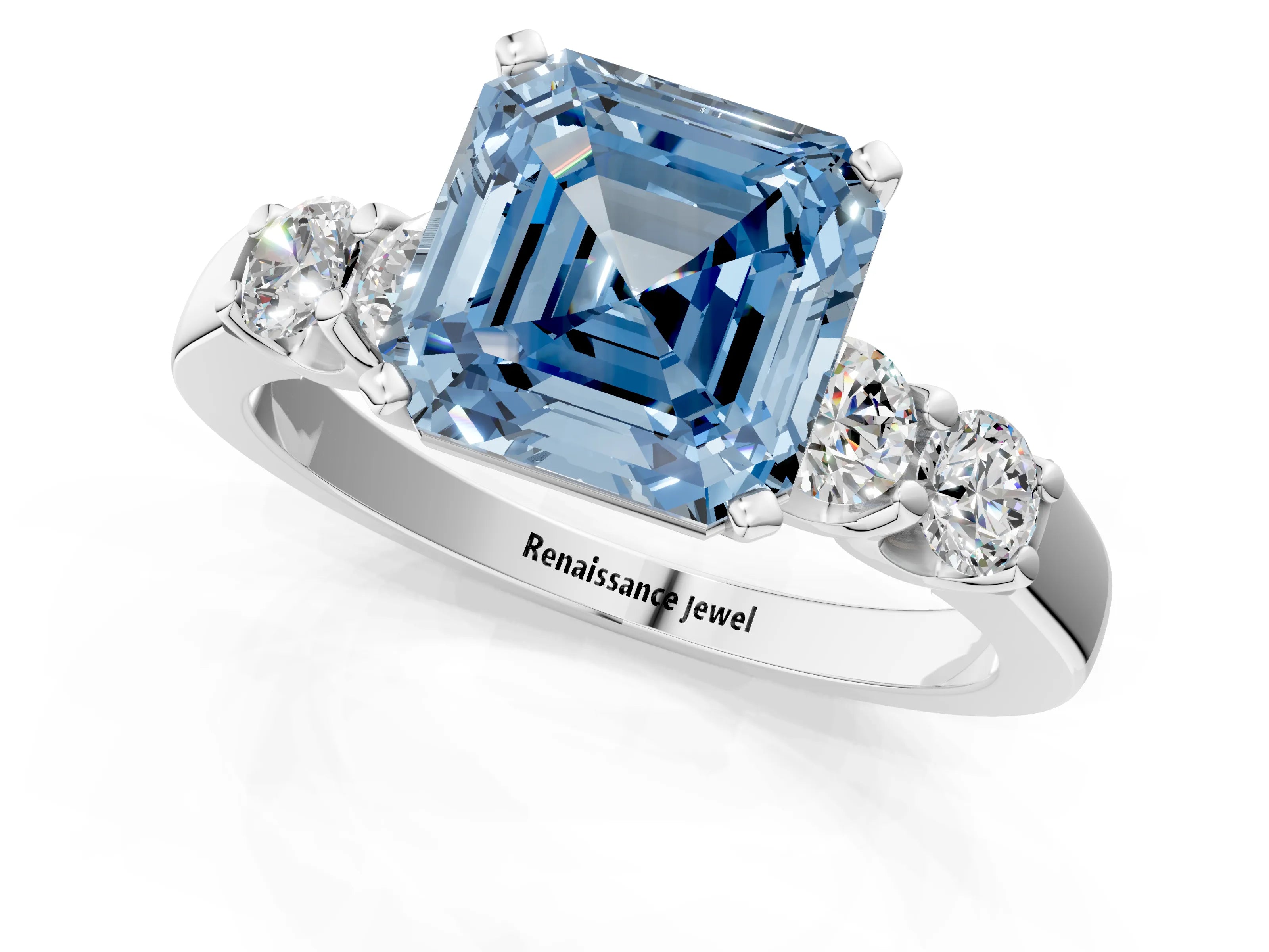 White gold Fancy Blue Asscher Cut Brilliant Diamond Five-Stone Engagement Ring with Prong Setting on a Classic Band_4