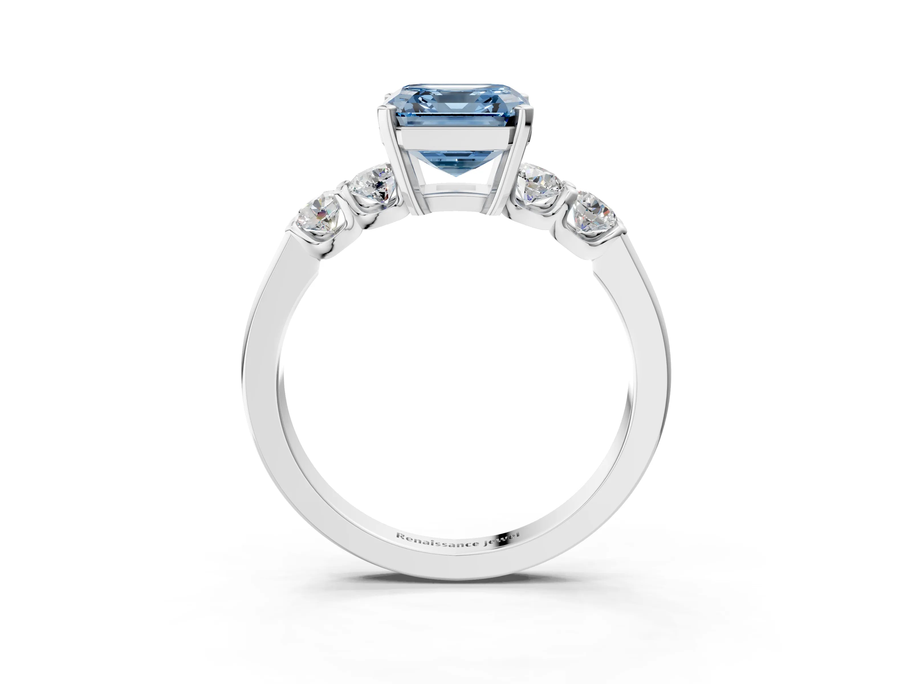 White gold Fancy Blue Asscher Cut Brilliant Diamond Five-Stone Engagement Ring with Prong Setting on a Classic Band_6