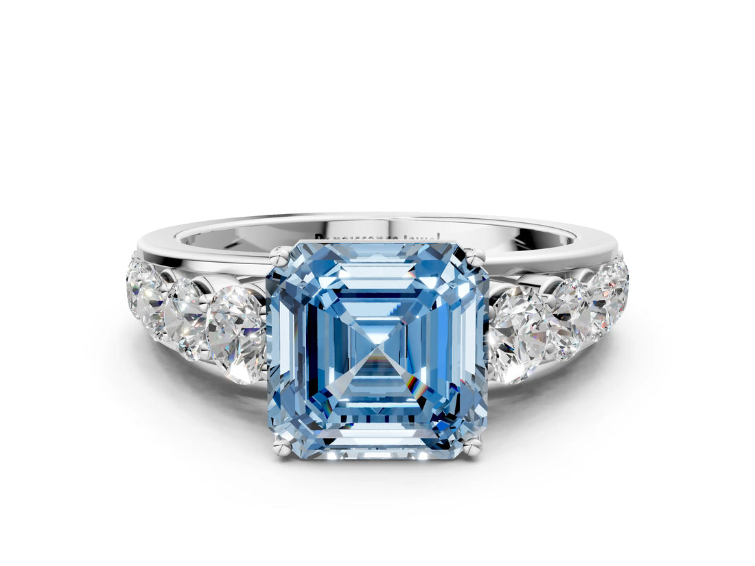 White gold Fancy Blue Asscher Cut Brilliant Diamond Pavé Band with Six-Prong Setting_12
