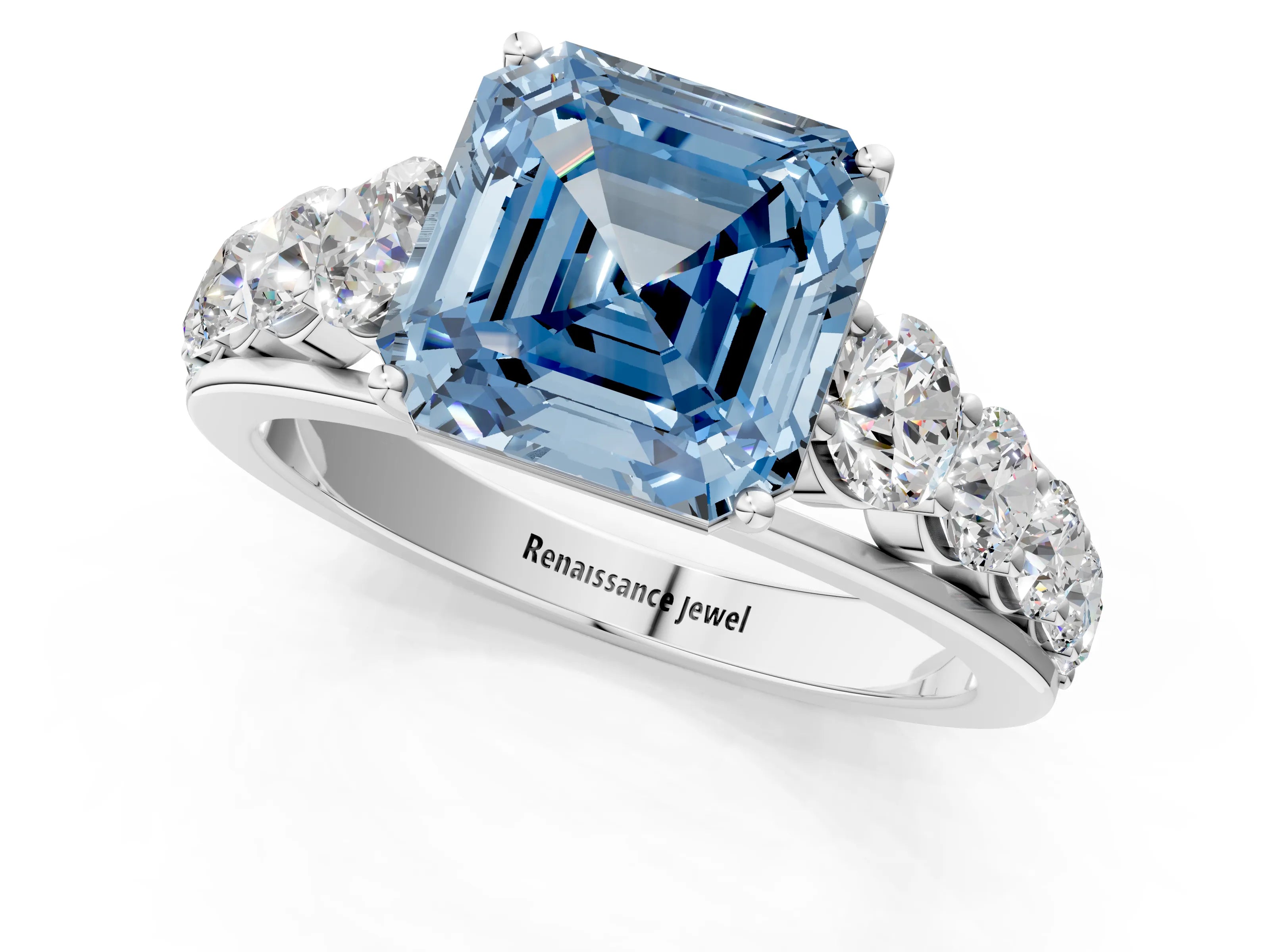 White gold Fancy Blue Asscher Cut Brilliant Diamond Pavé Band with Six-Prong Setting_1