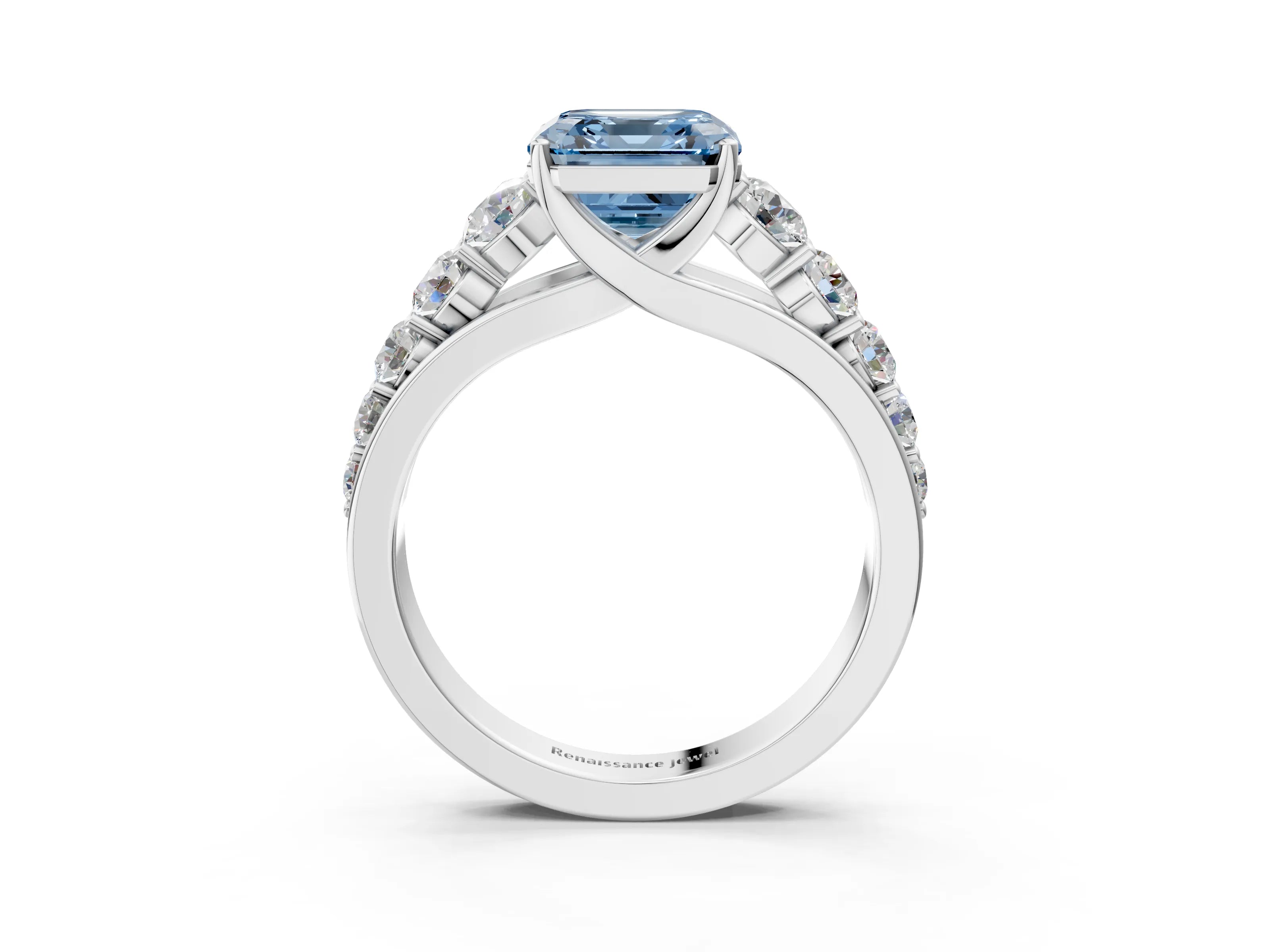 White gold Fancy Blue Asscher Cut Brilliant Diamond Pavé Band with Six-Prong Setting_3