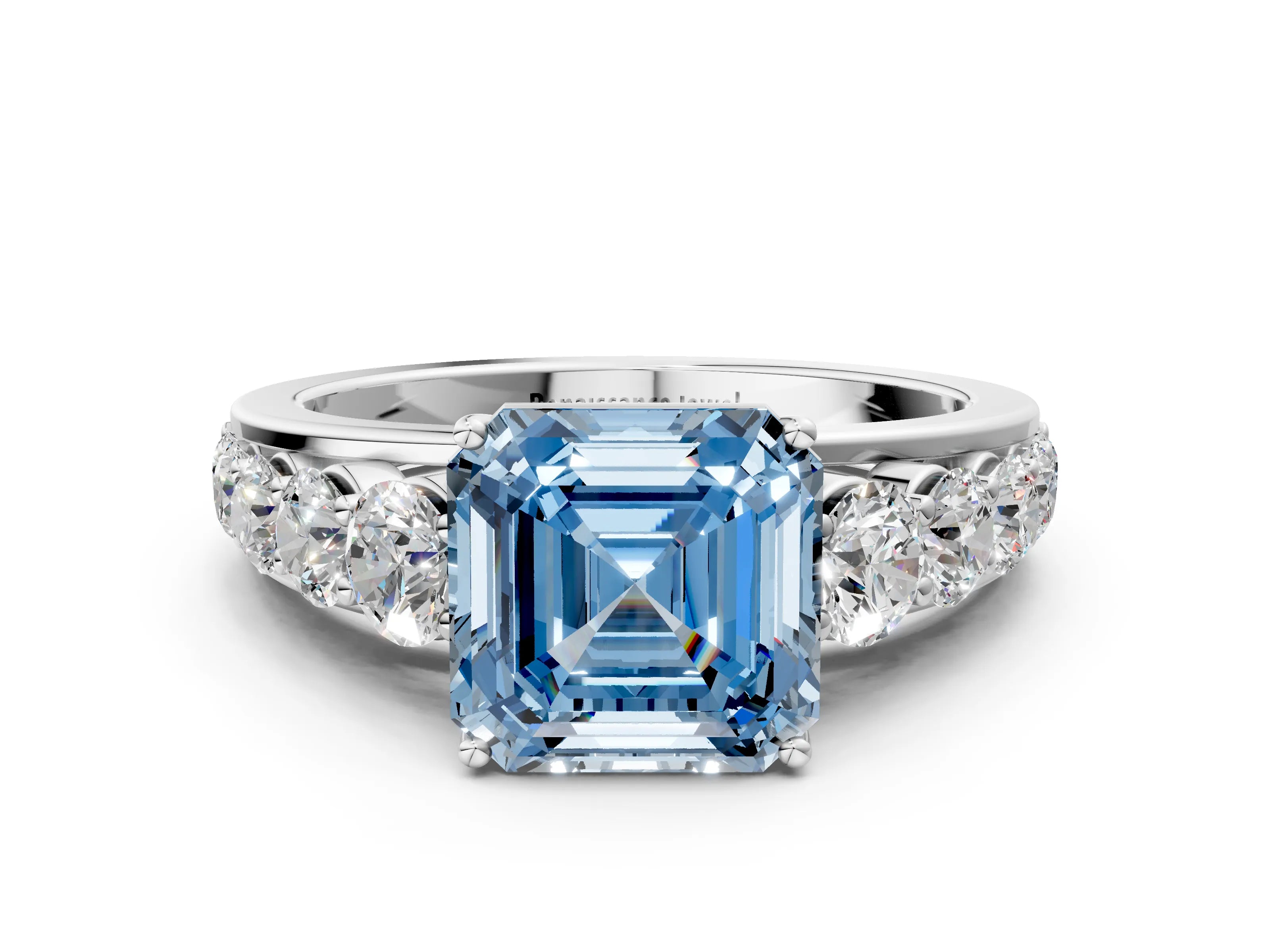 White gold Fancy Blue Asscher Cut Brilliant Diamond Pavé Band with Six-Prong Setting