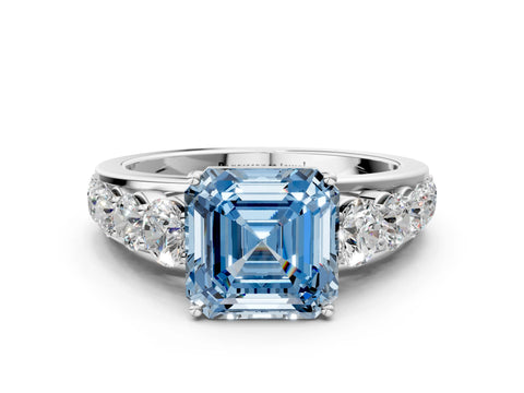 White gold Fancy Blue Asscher Cut Brilliant Diamond Pavé Band with Six-Prong Setting