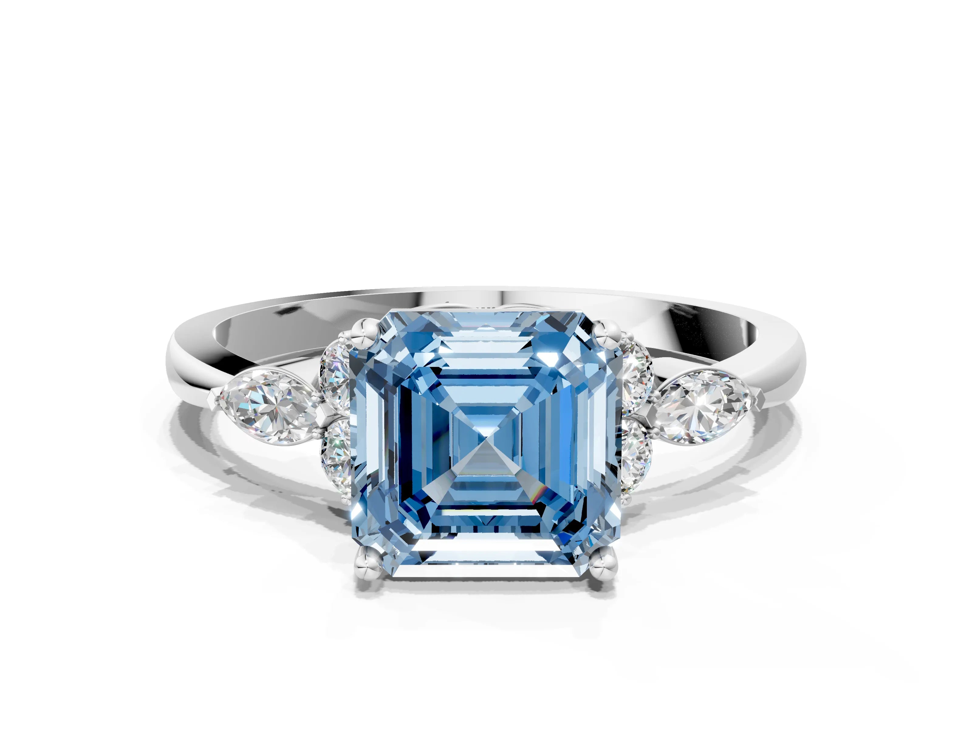 White gold Fancy Blue Asscher Cut Brilliant Diamond Solitaire Ring with Pear Side Stones and Four-Prong Setting_18