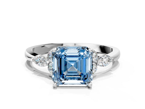 White gold Fancy Blue Asscher Cut Brilliant Diamond Solitaire Ring with Pear Side Stones and Four-Prong Setting_18