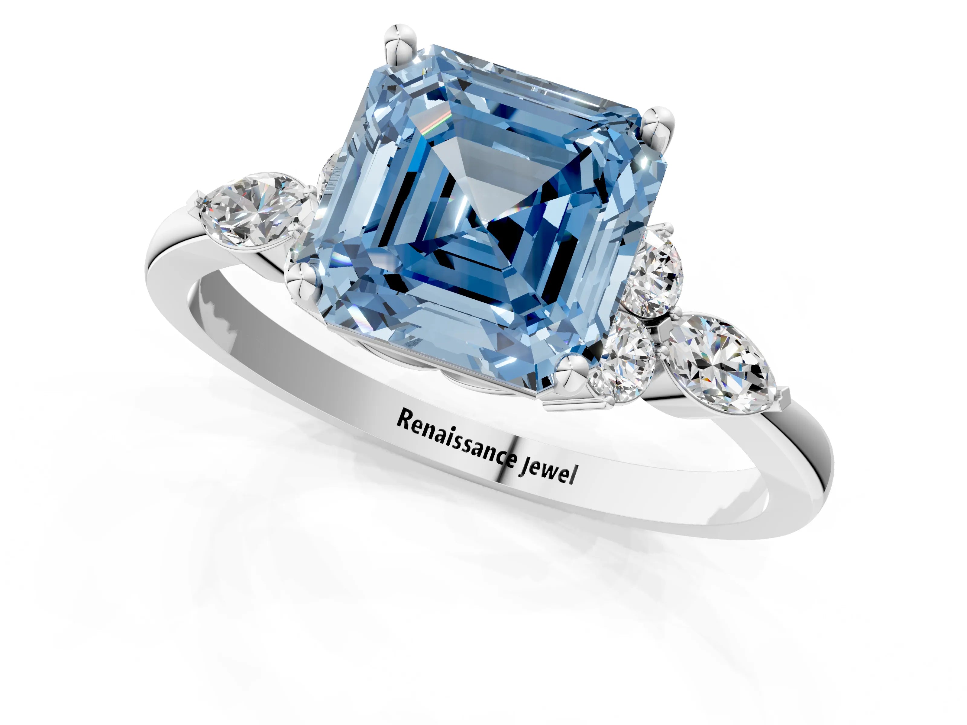 White gold Fancy Blue Asscher Cut Brilliant Diamond Solitaire Ring with Pear Side Stones and Four-Prong Setting_19