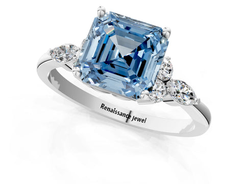 White gold Fancy Blue Asscher Cut Brilliant Diamond Solitaire Ring with Pear Side Stones and Four-Prong Setting_19