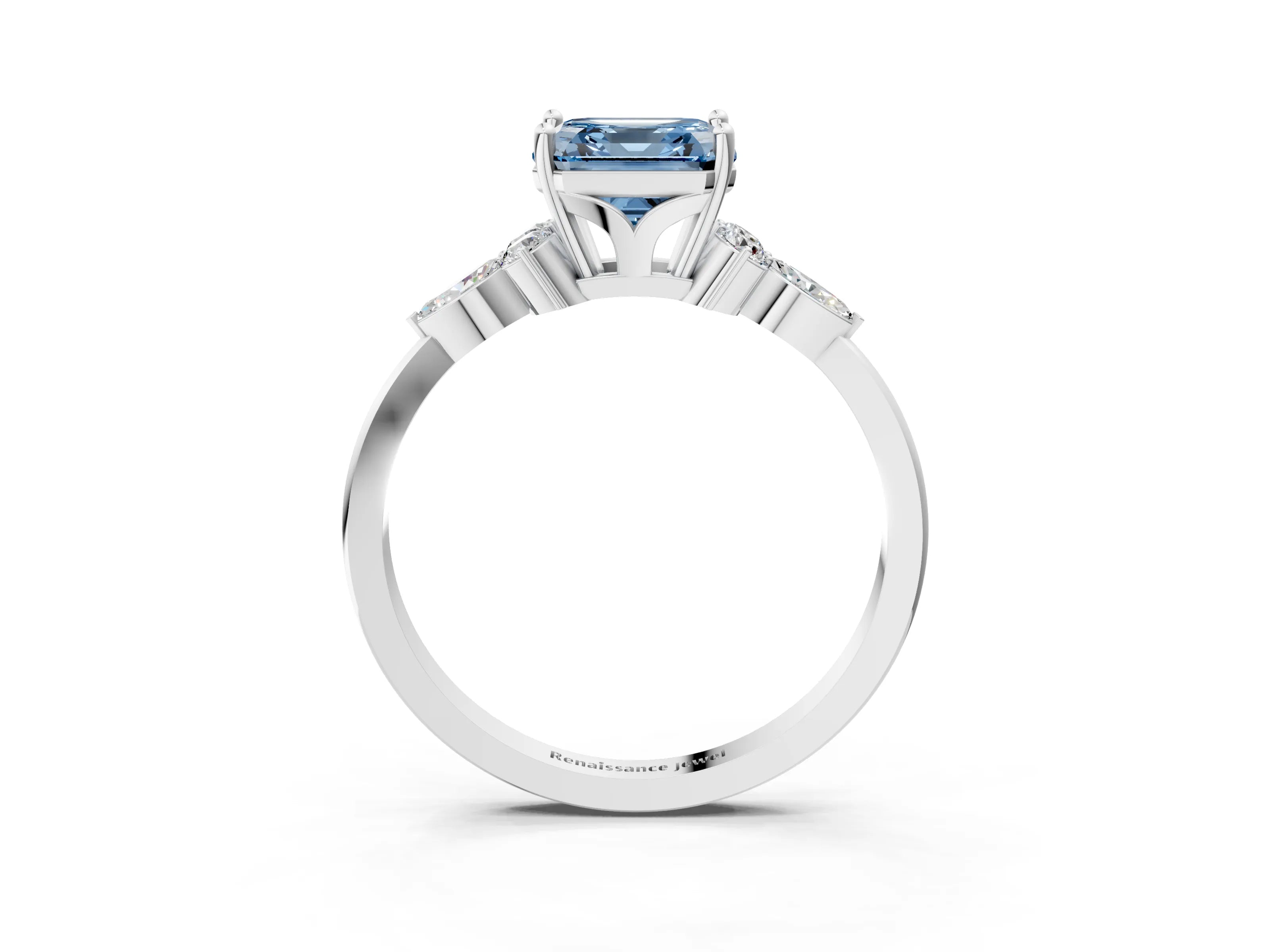 White gold Fancy Blue Asscher Cut Brilliant Diamond Solitaire Ring with Pear Side Stones and Four-Prong Setting_21