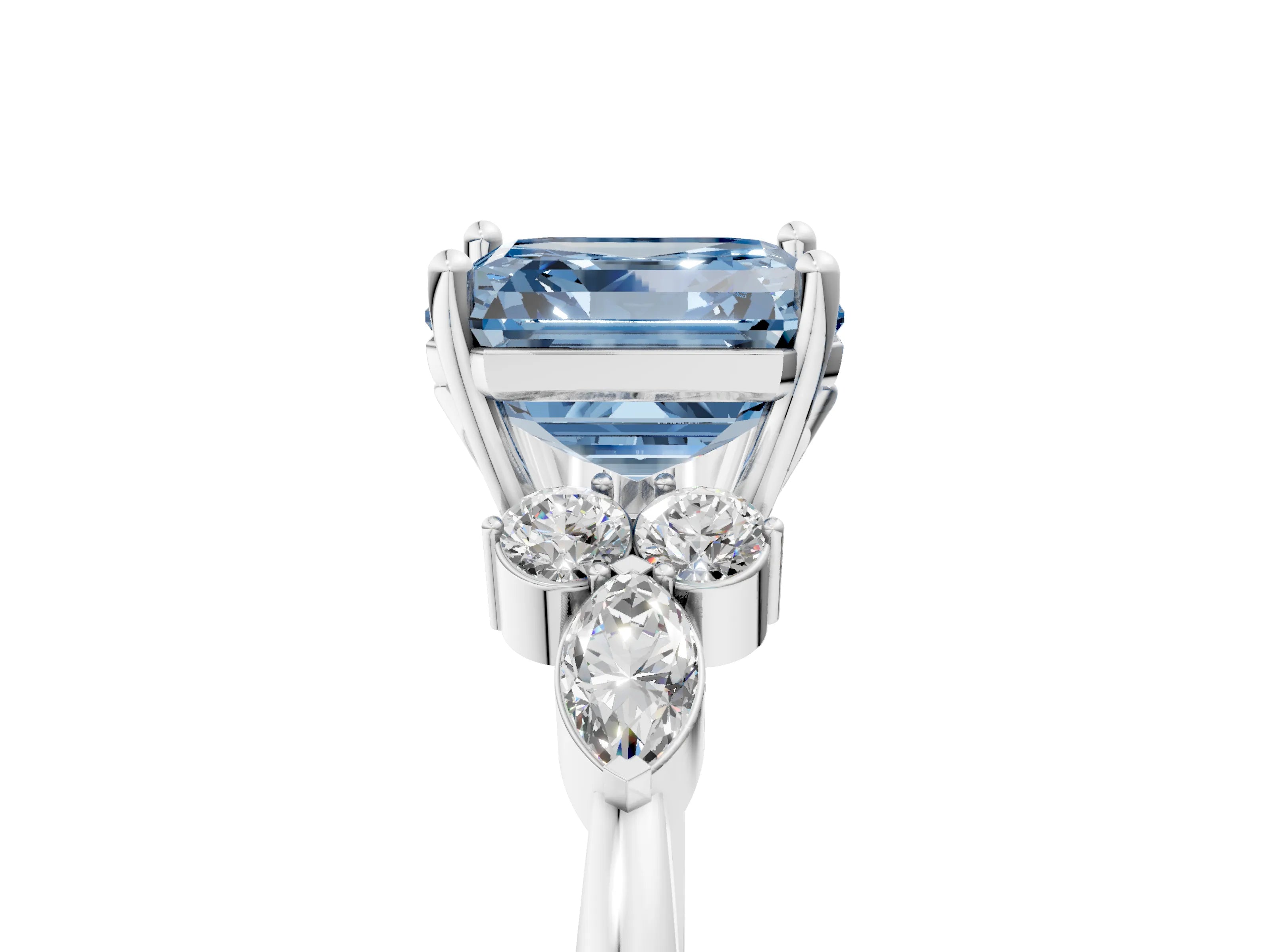 White gold Fancy Blue Asscher Cut Brilliant Diamond Solitaire Ring with Pear Side Stones and Four-Prong Setting_23