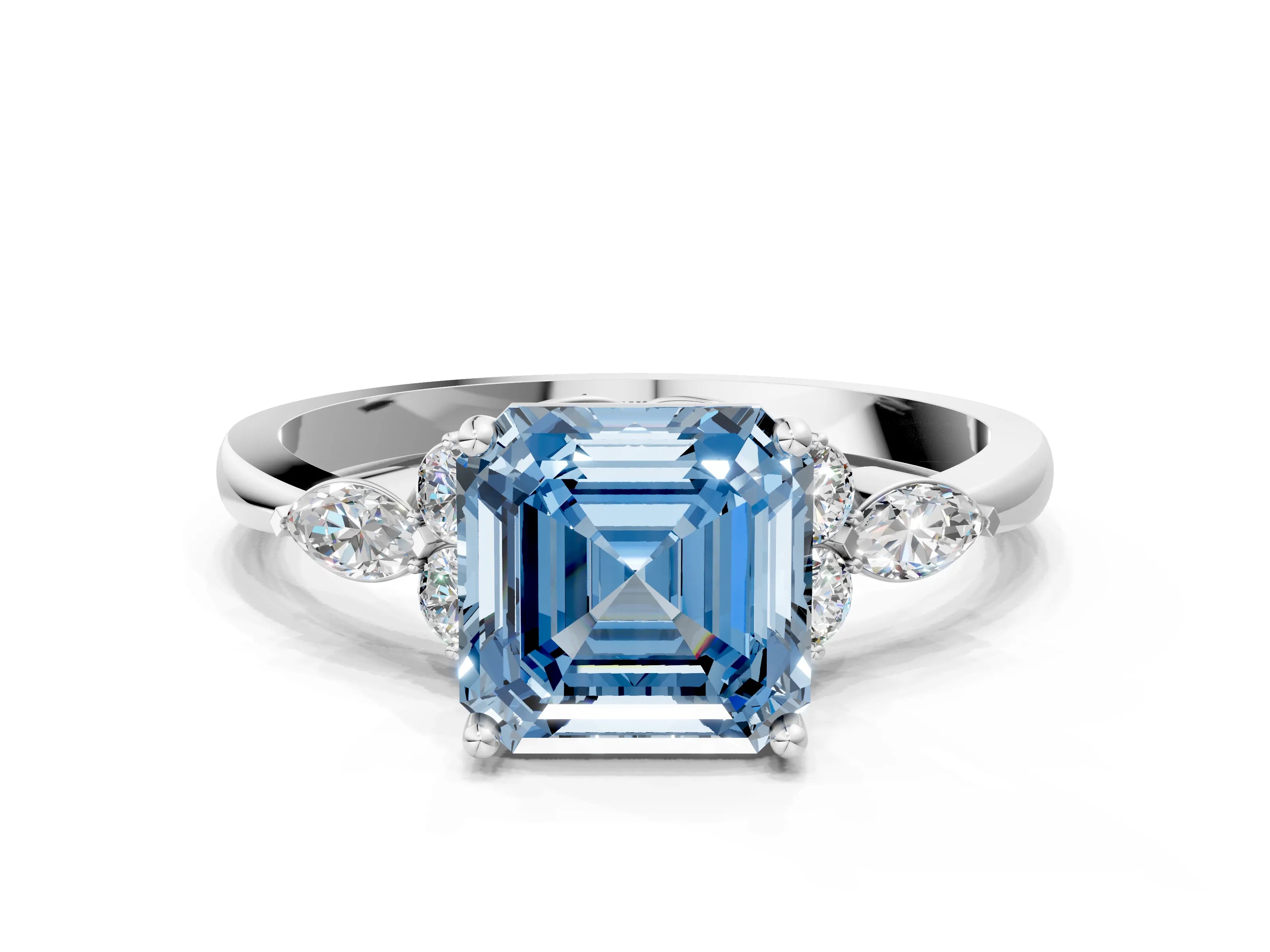 White gold Fancy Blue Asscher Cut Brilliant Diamond Solitaire Ring with Pear Side Stones and Four-Prong Setting_6