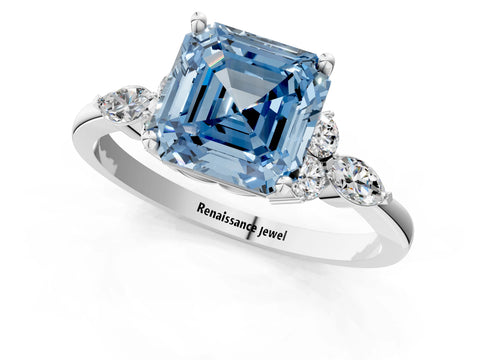White gold Fancy Blue Asscher Cut Brilliant Diamond Solitaire Ring with Pear Side Stones and Four-Prong Setting_7