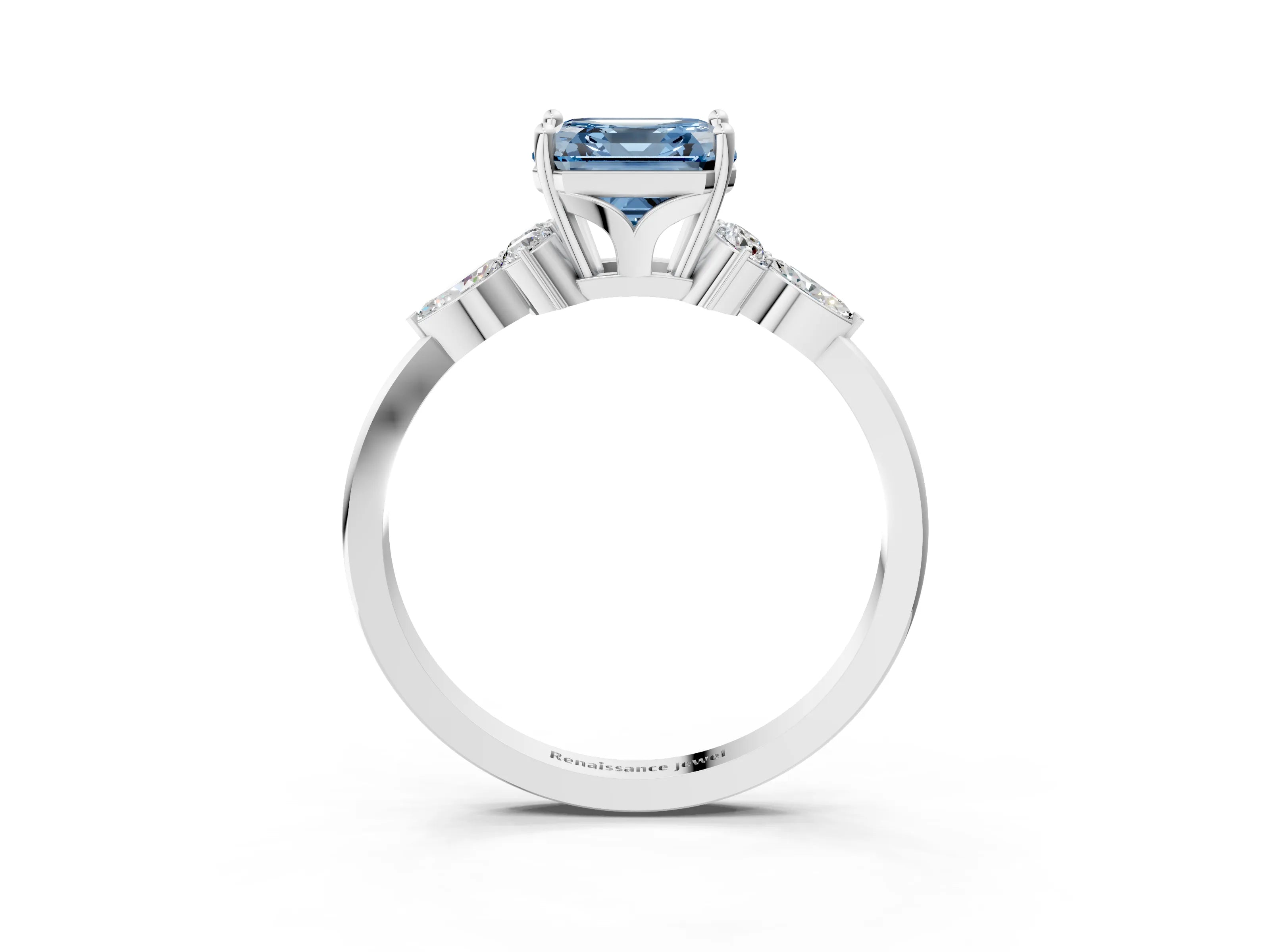 White gold Fancy Blue Asscher Cut Brilliant Diamond Solitaire Ring with Pear Side Stones and Four-Prong Setting_9