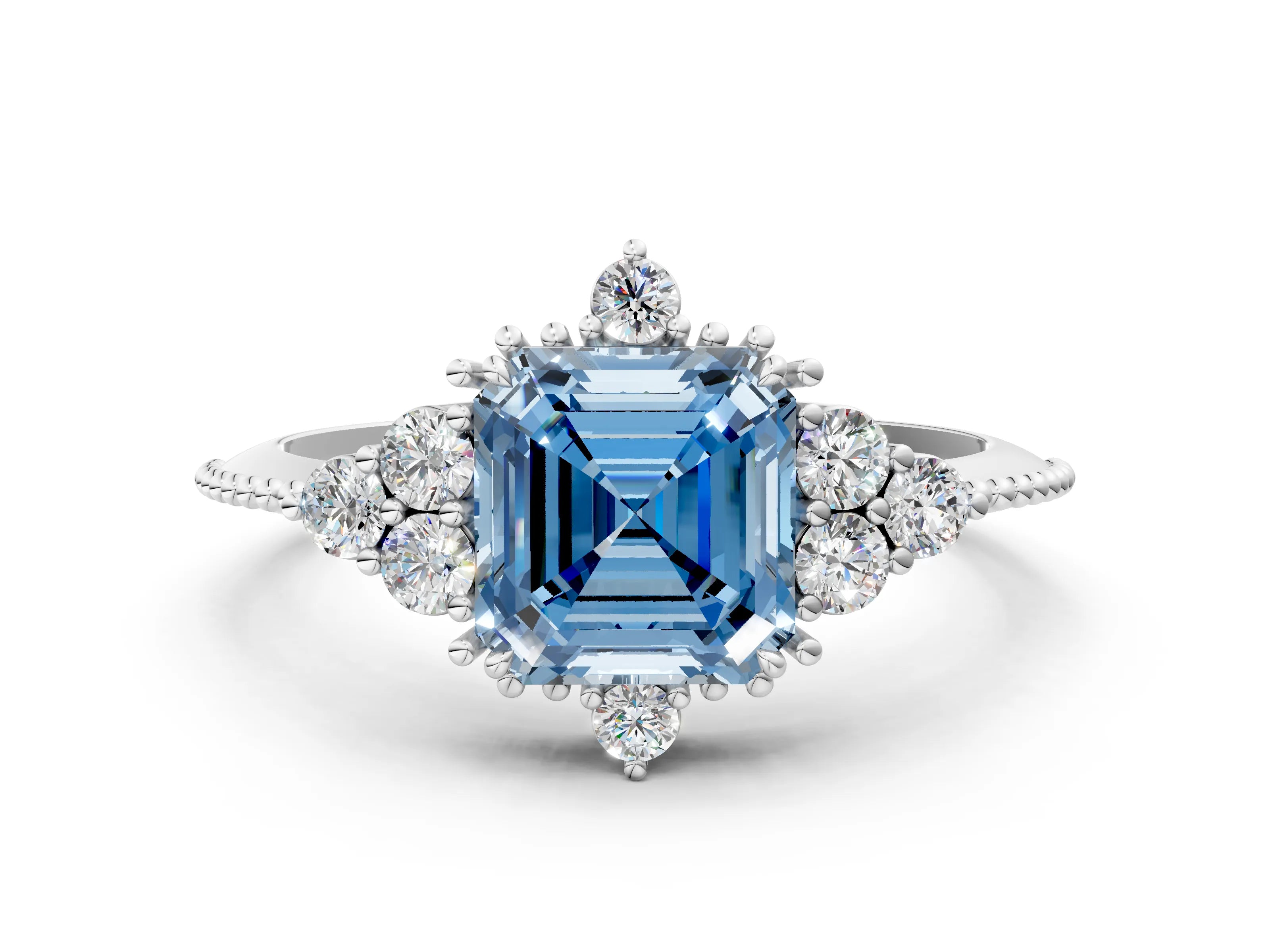 White gold Fancy Blue Asscher Cut Brilliant Diamond with Cluster Setting on a Beaded Band and Four-Prong Setting