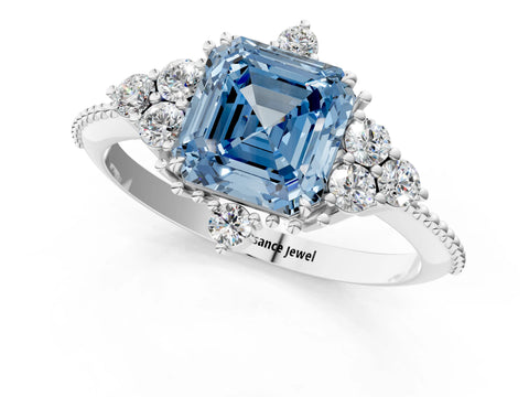 White gold Fancy Blue Asscher Cut Brilliant Diamond with Cluster Setting on a Beaded Band and Four-Prong Setting_1