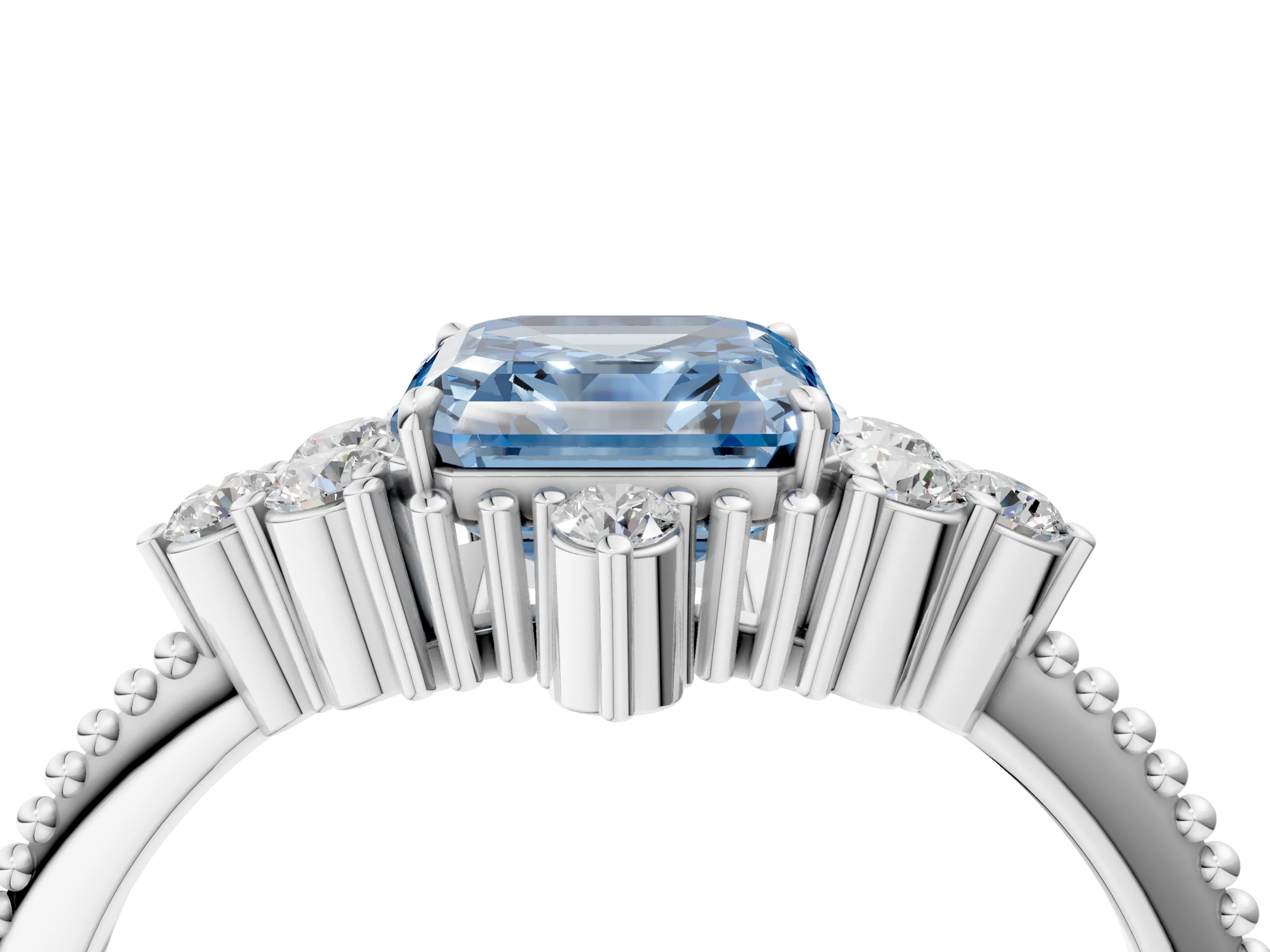 White gold Fancy Blue Asscher Cut Brilliant Diamond with Cluster Setting on a Beaded Band and Four-Prong Setting_28