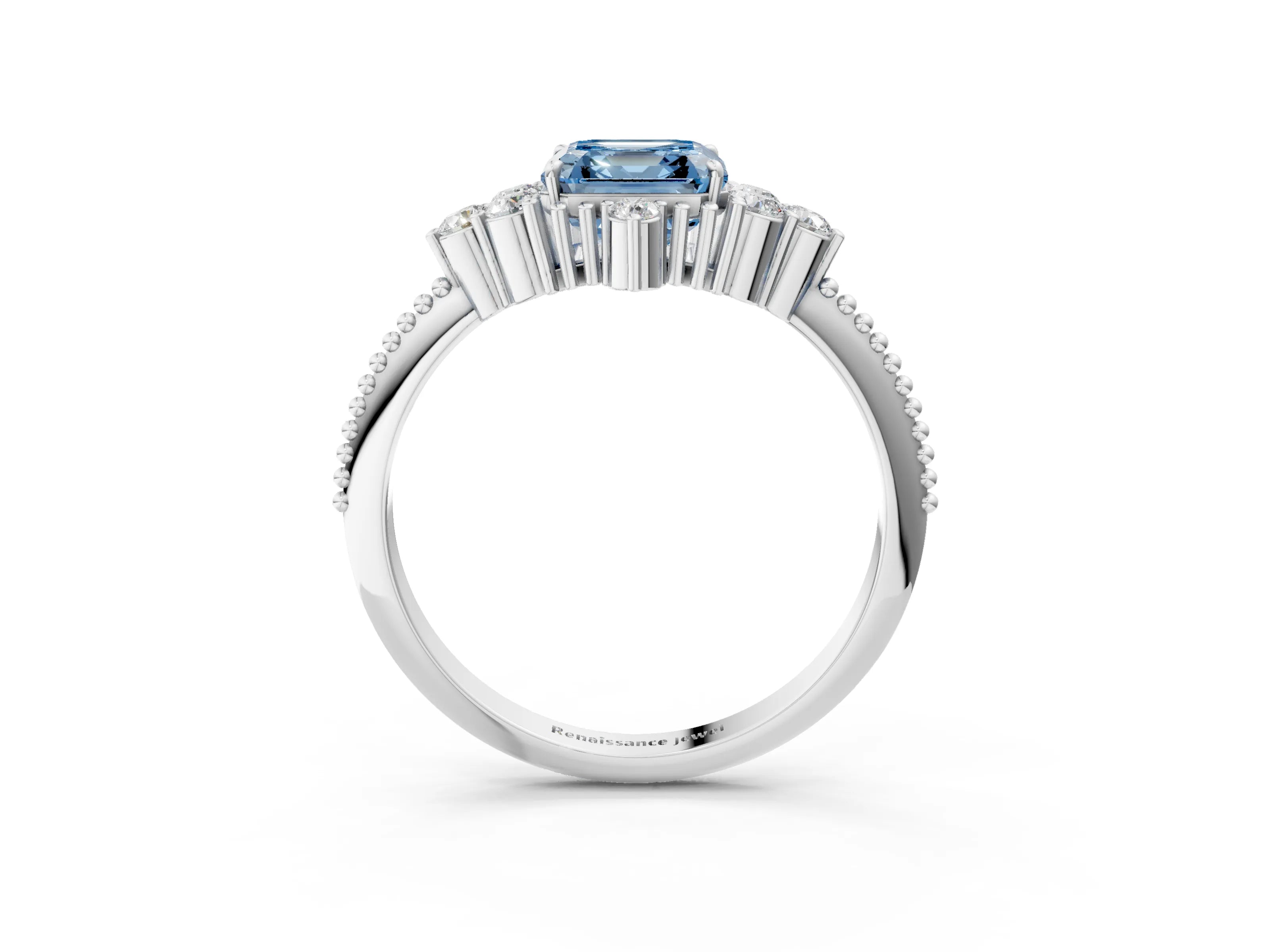 White gold Fancy Blue Asscher Cut Brilliant Diamond with Cluster Setting on a Beaded Band and Four-Prong Setting_3