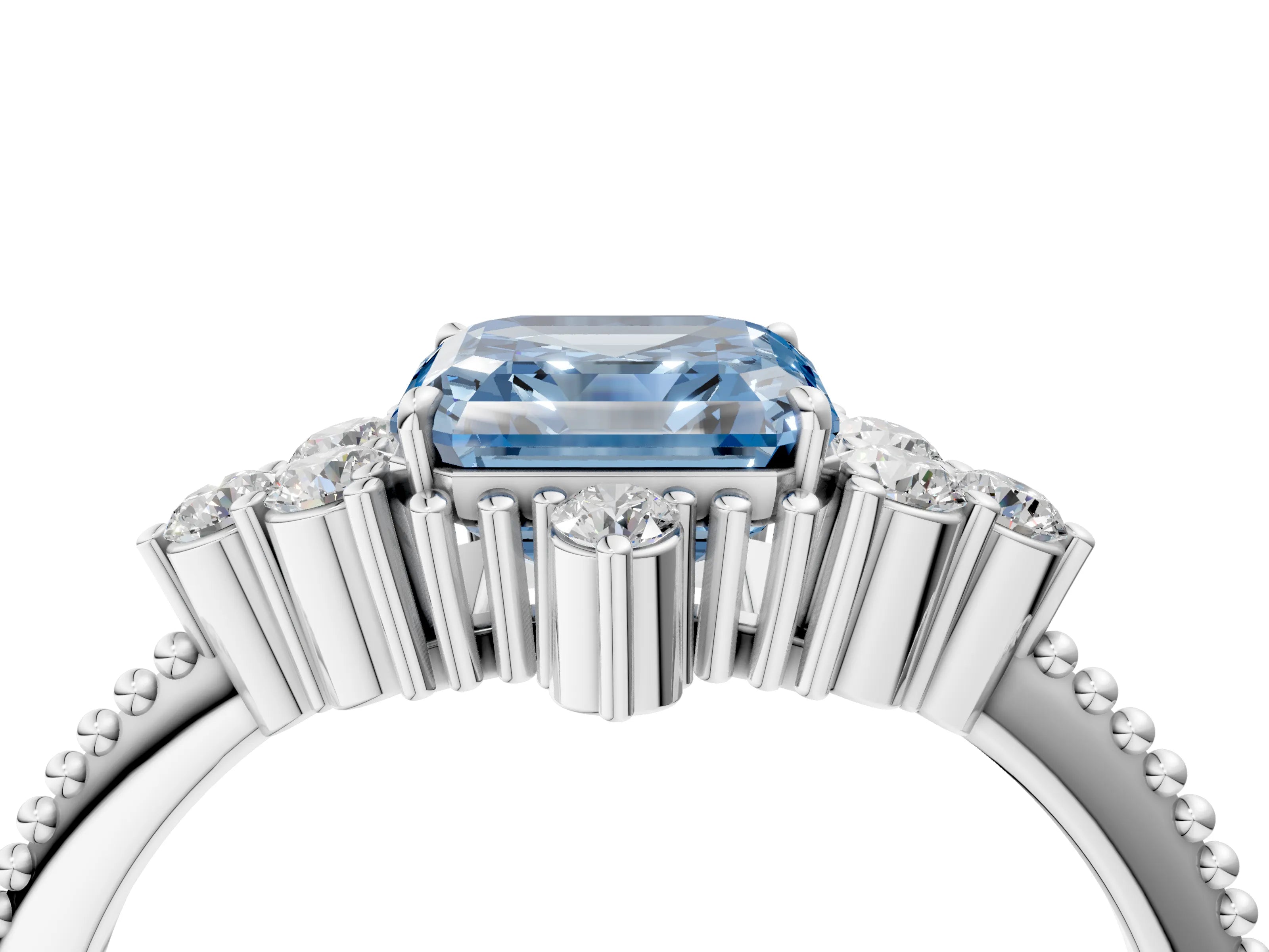 White gold Fancy Blue Asscher Cut Brilliant Diamond with Cluster Setting on a Beaded Band and Four-Prong Setting_4