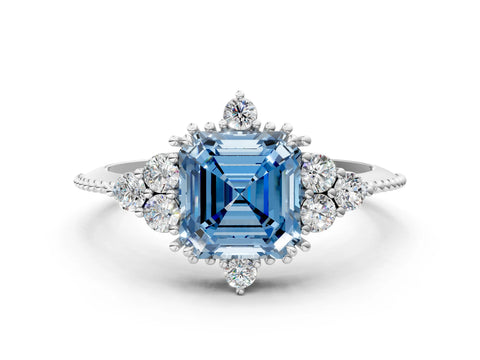 White gold Fancy Blue Asscher Cut Brilliant Diamond with Cluster Setting on a Beaded Band and Four-Prong Setting