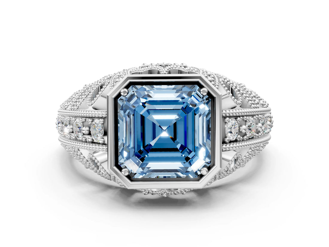 White gold Fancy Blue Asscher Cut Brilliant Milgrain Filigree Diamond Ring with Square Prong Setting_18