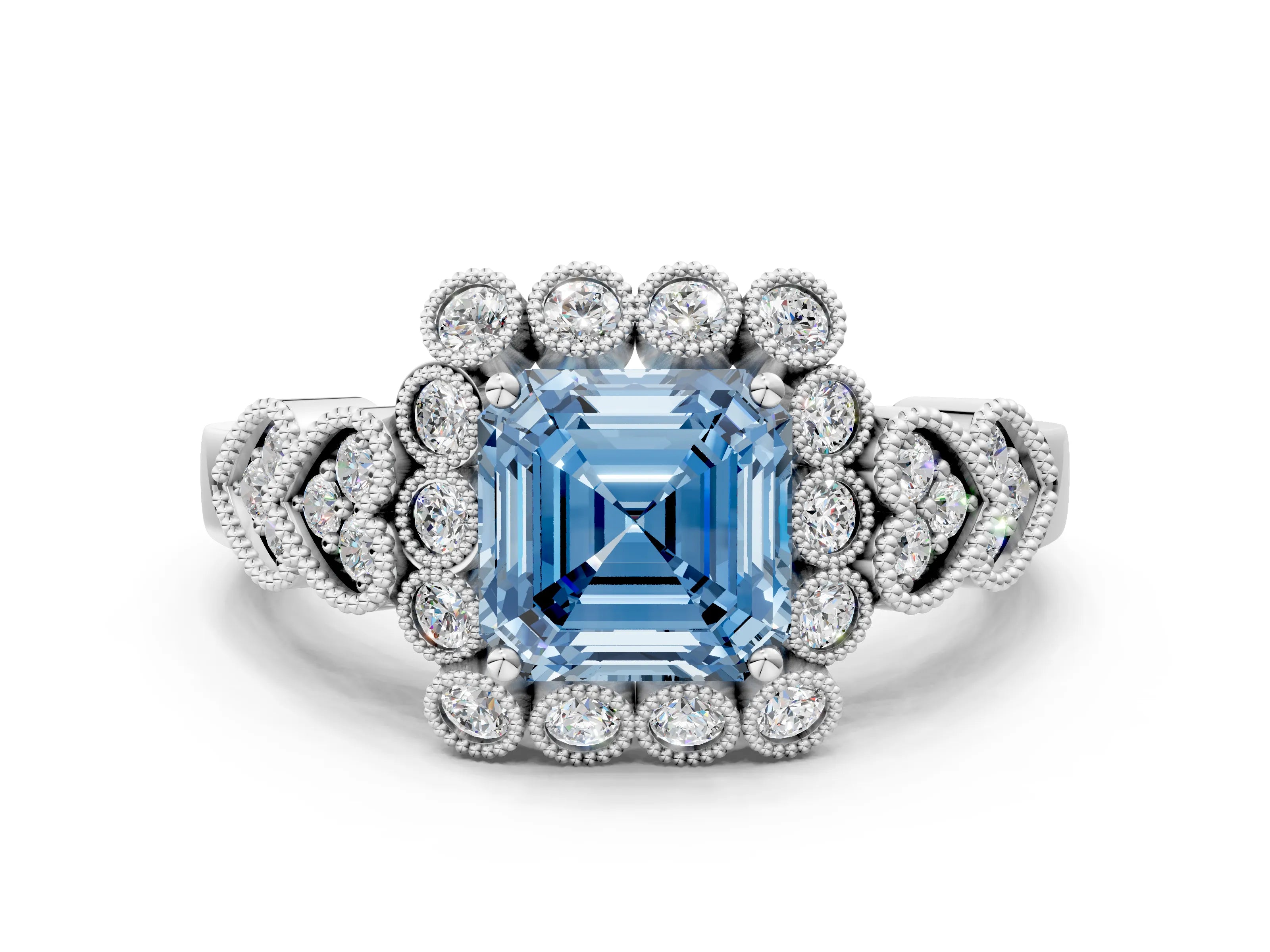 White gold Fancy Blue Asscher Cut Brilliant Milgrain Pave Heart Band Solitaire Ring_12