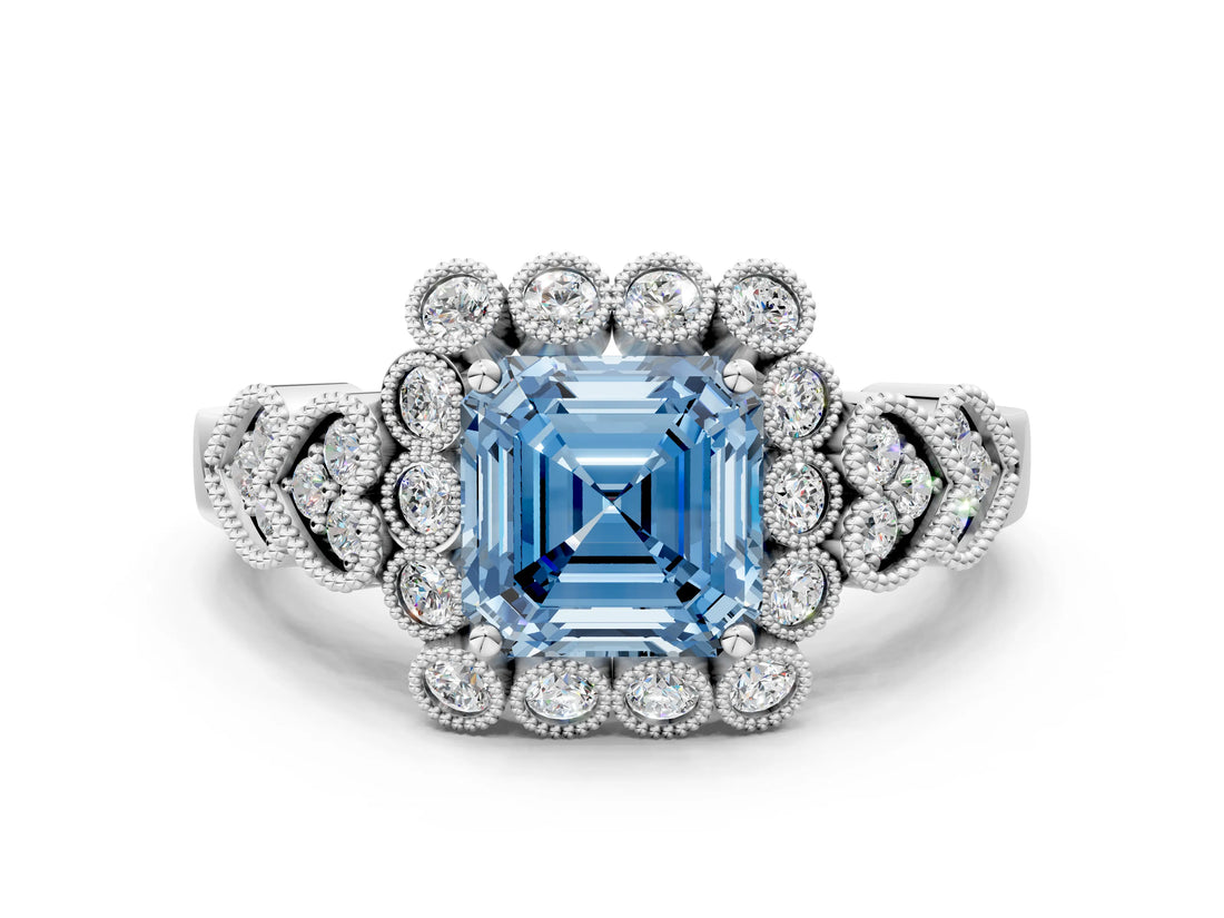 White gold Fancy Blue Asscher Cut Brilliant Milgrain Pave Heart Band Solitaire Ring_12